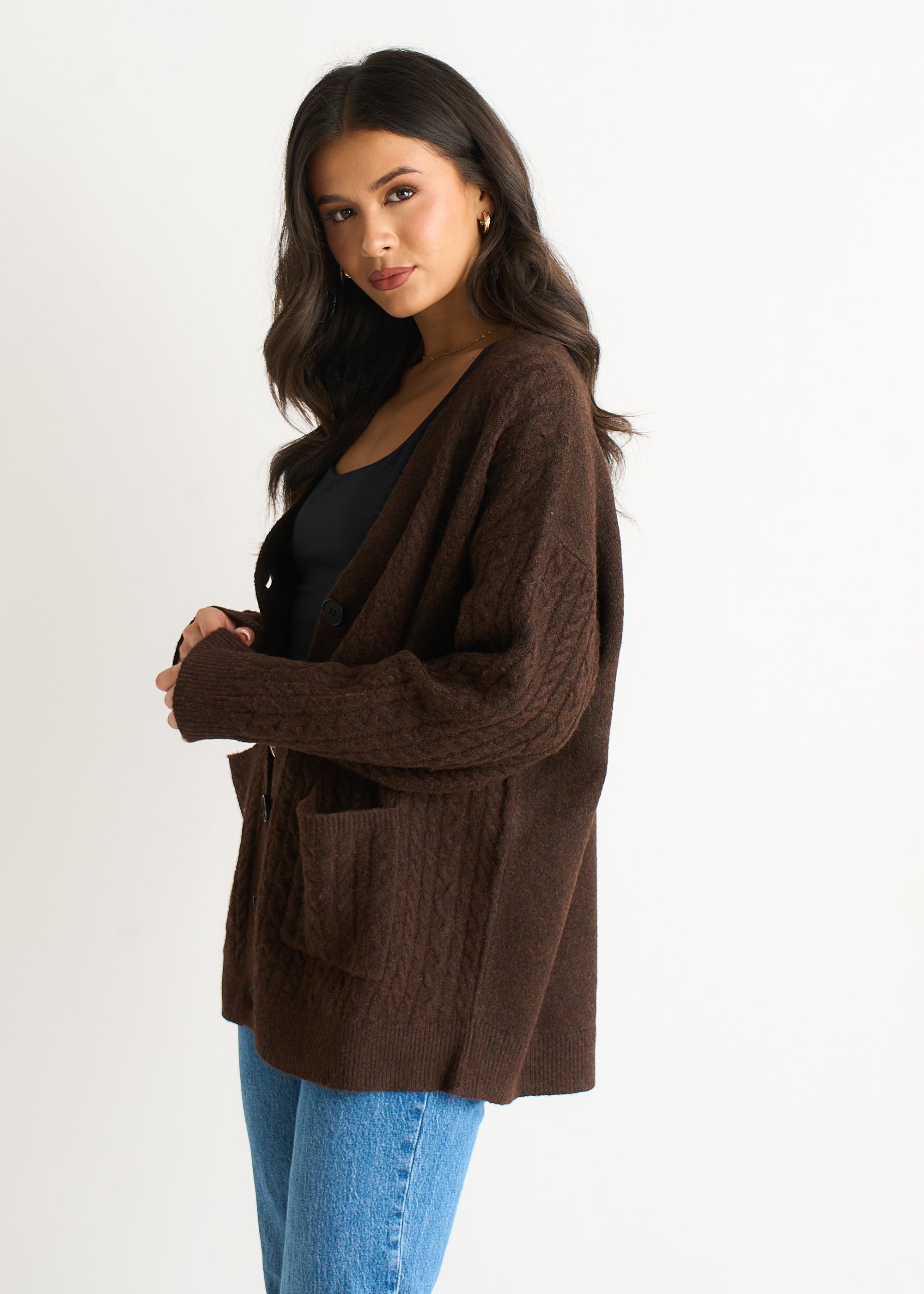 Brown Cable Patch Pocket Knitted Cardigan