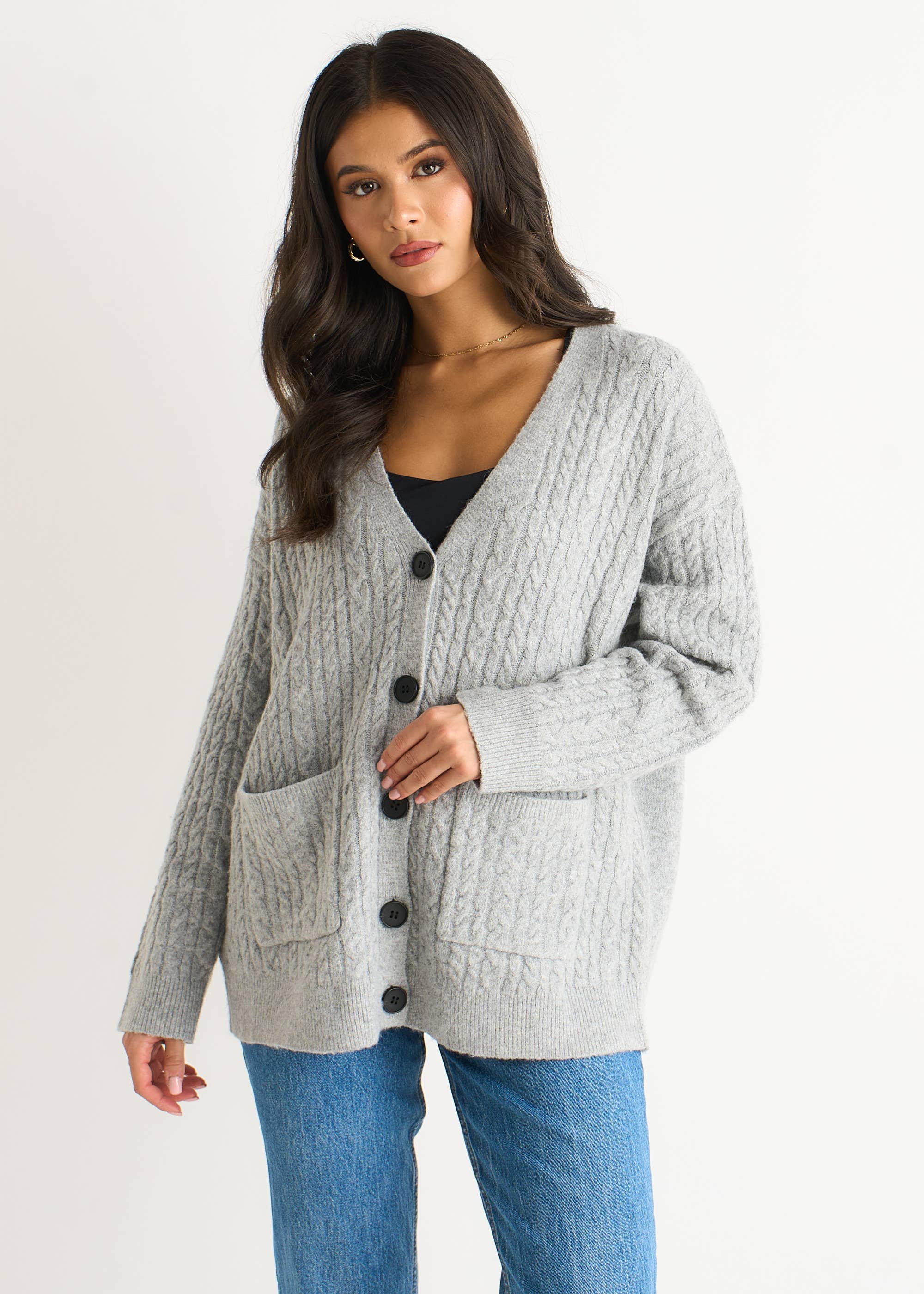 Grey Textured Knit Long Sleeve Pocket Cardigan