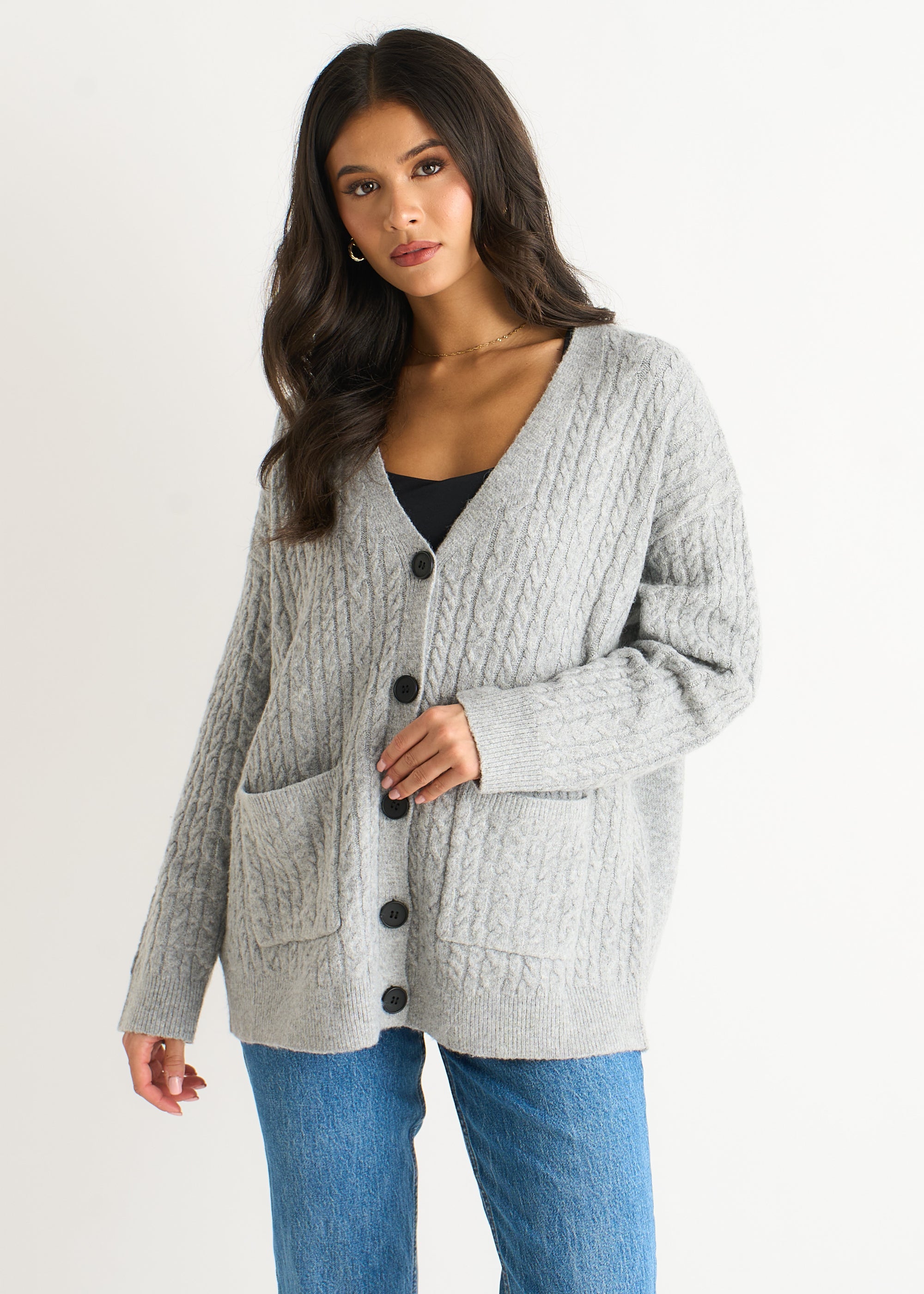 Grey Cable Patch Pocket Knitted Cardigan