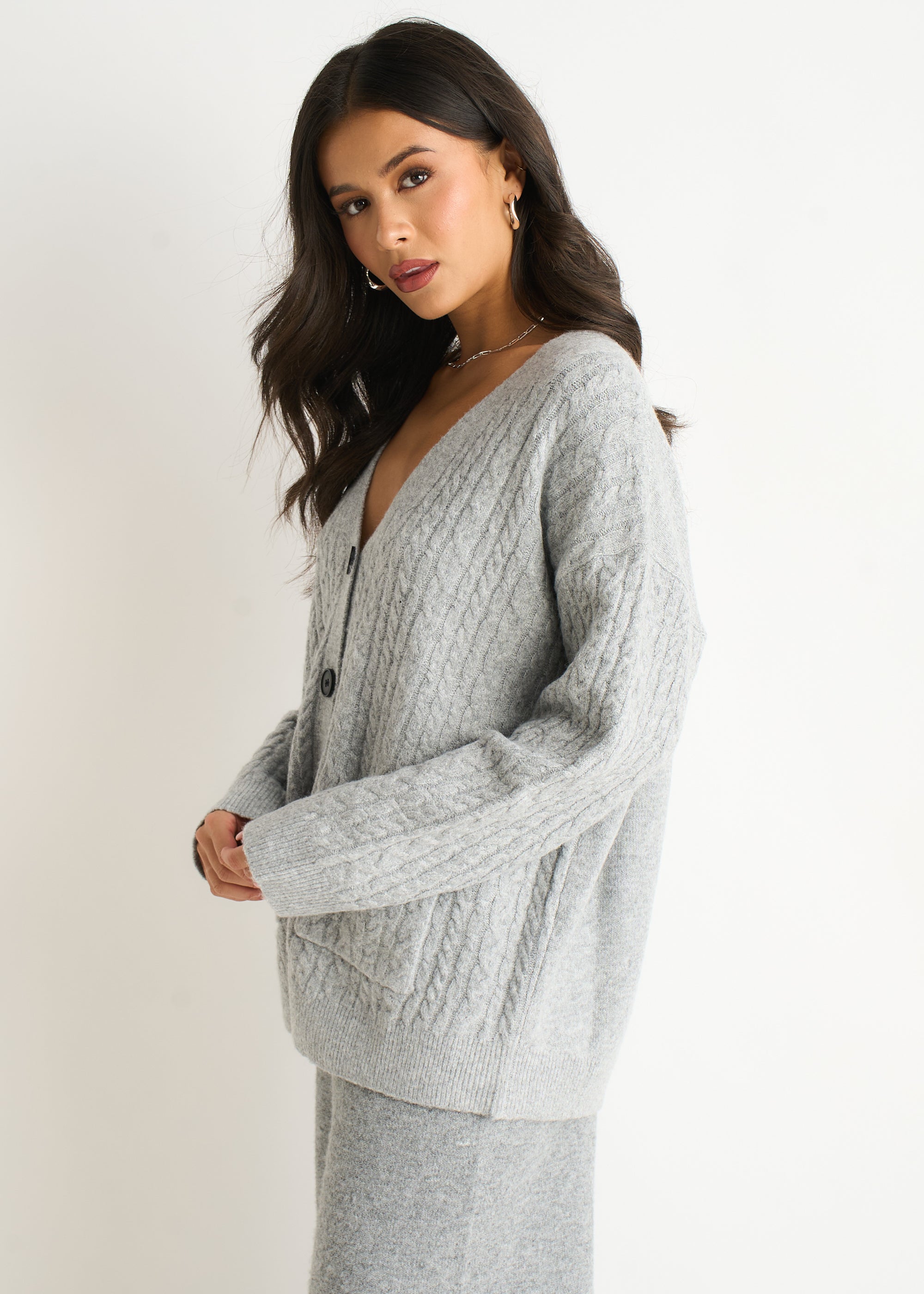 Grey Cable Patch Pocket Knitted Cardigan