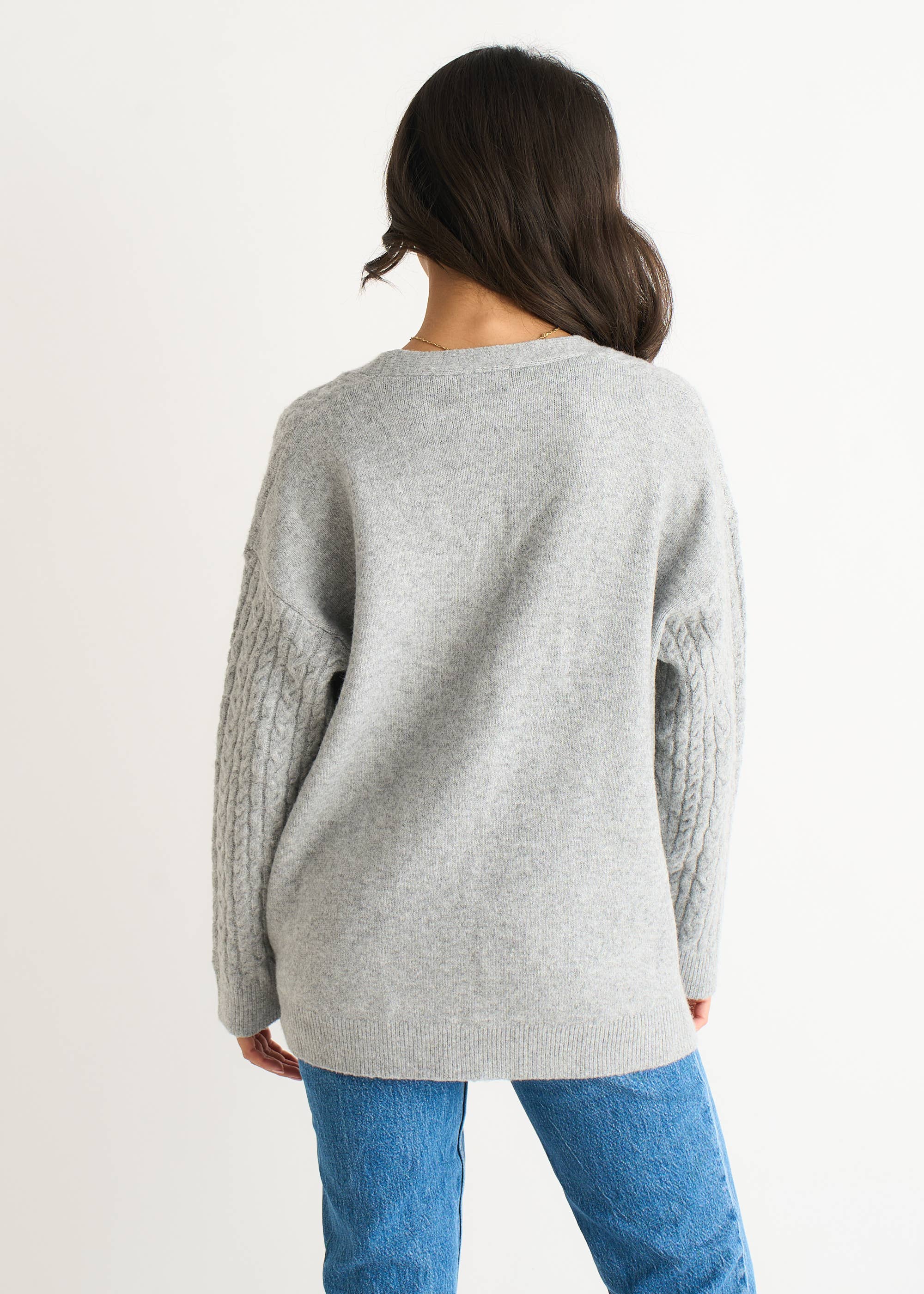 Grey Textured Knit Long Sleeve Pocket Cardigan