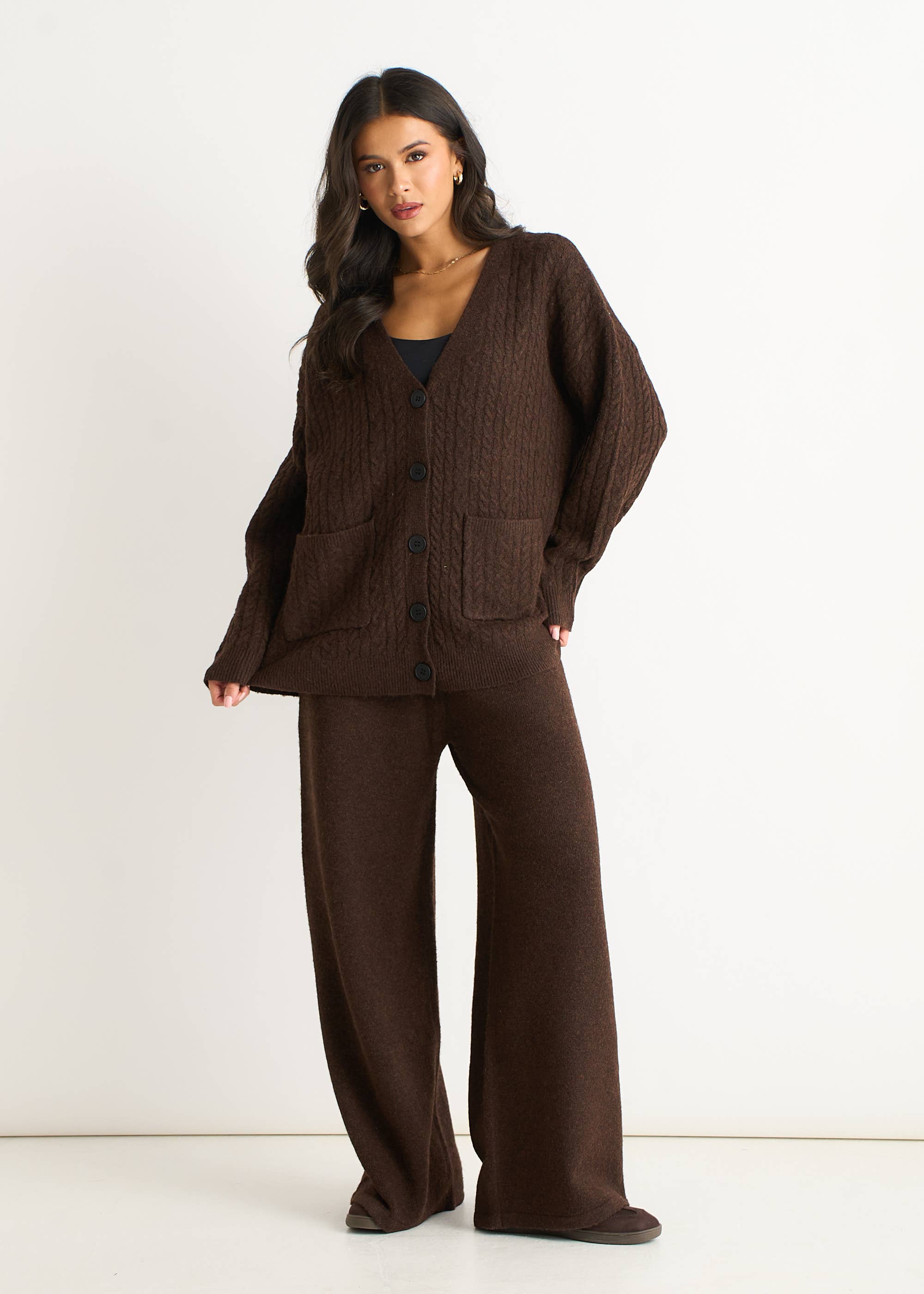 Brown Soft Knit Pull On Wide-Leg Trousers