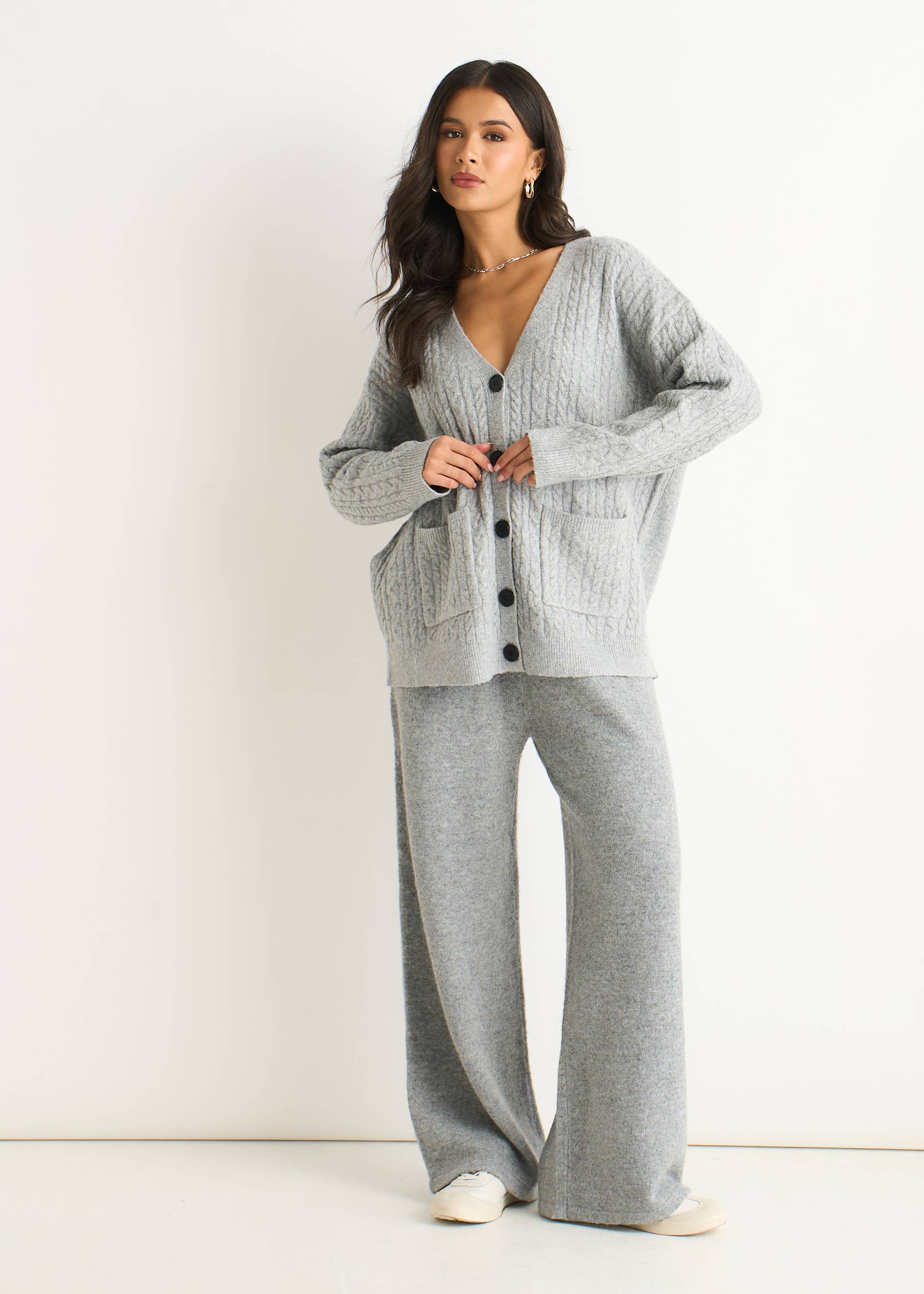 Grey Textured Knit Long Sleeve Pocket Cardigan