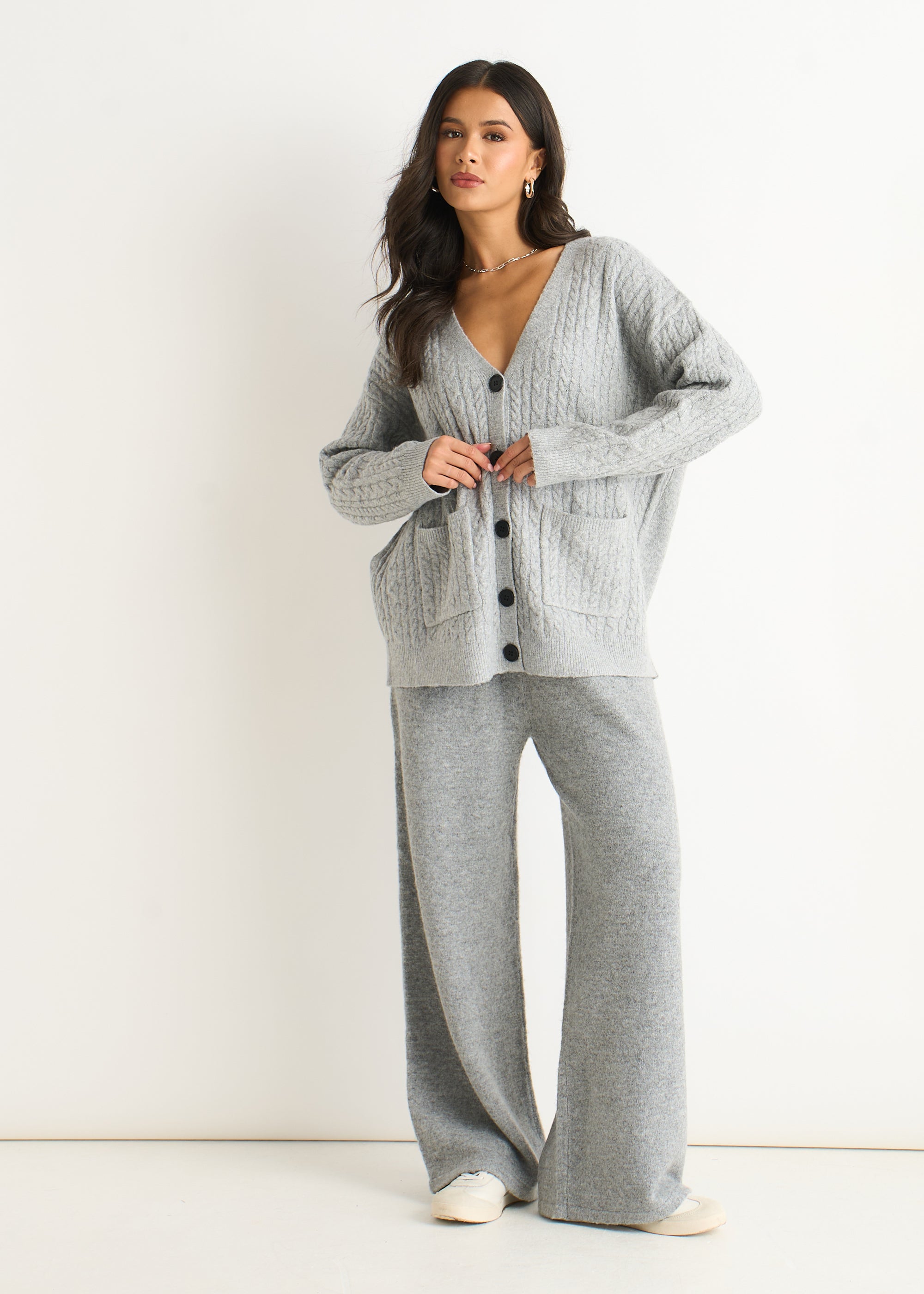 Grey Cable Patch Pocket Knitted Cardigan