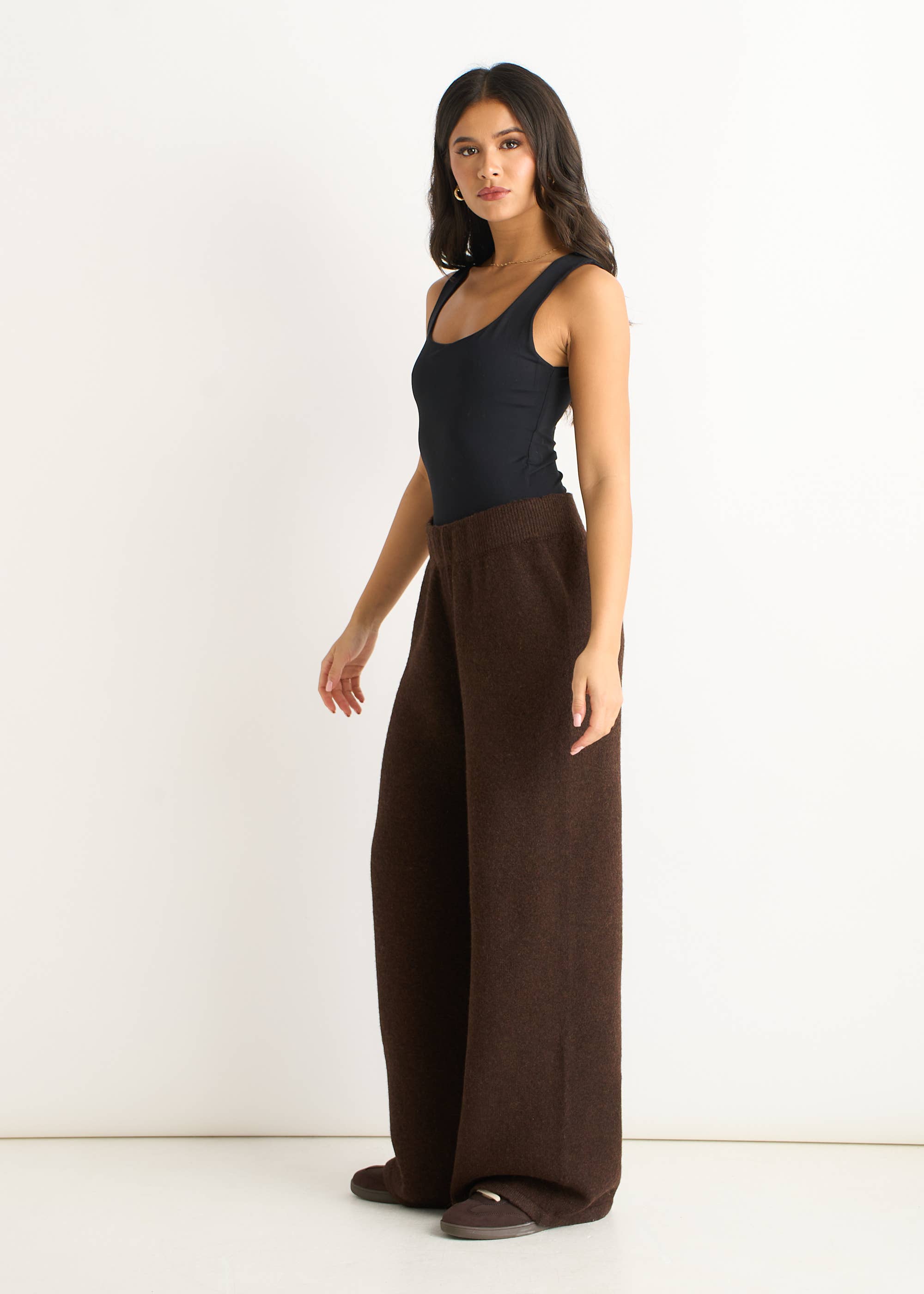 Brown Soft Knit Pull On Wide-Leg Trousers