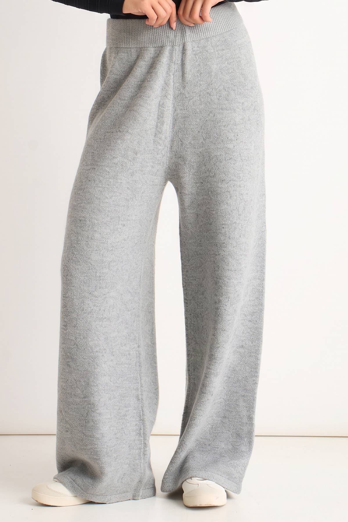 Grey Soft Knit Pull On Wide-Leg Trousers– View 3 | Gini London