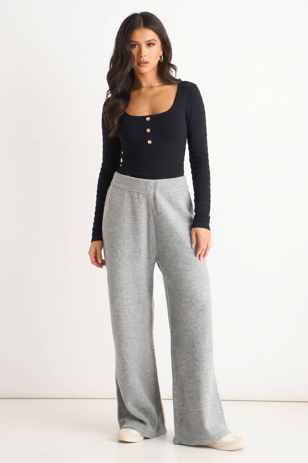 Grey Soft Knit Pull On Wide-Leg Trousers– View 1 | Gini London
