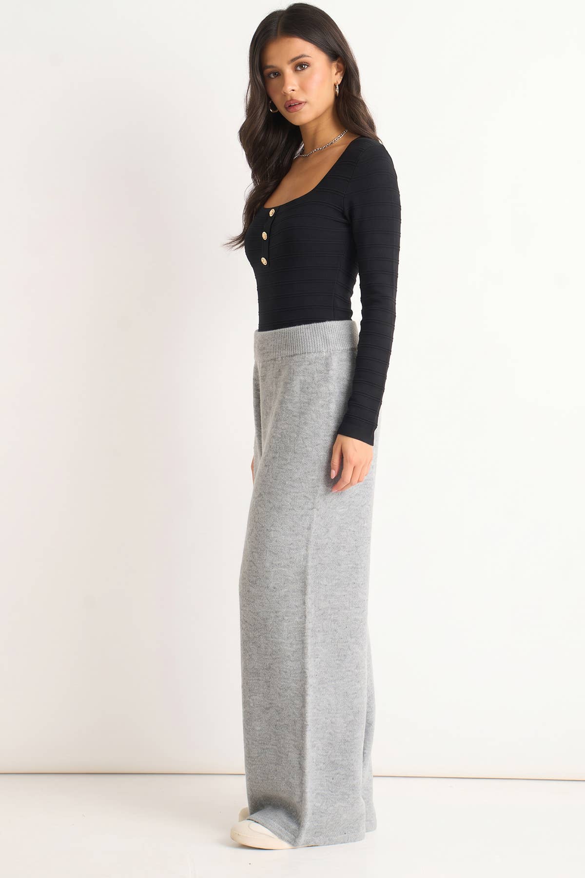 Grey Soft Knit Pull On Wide-Leg Trousers– View 4 | Gini London