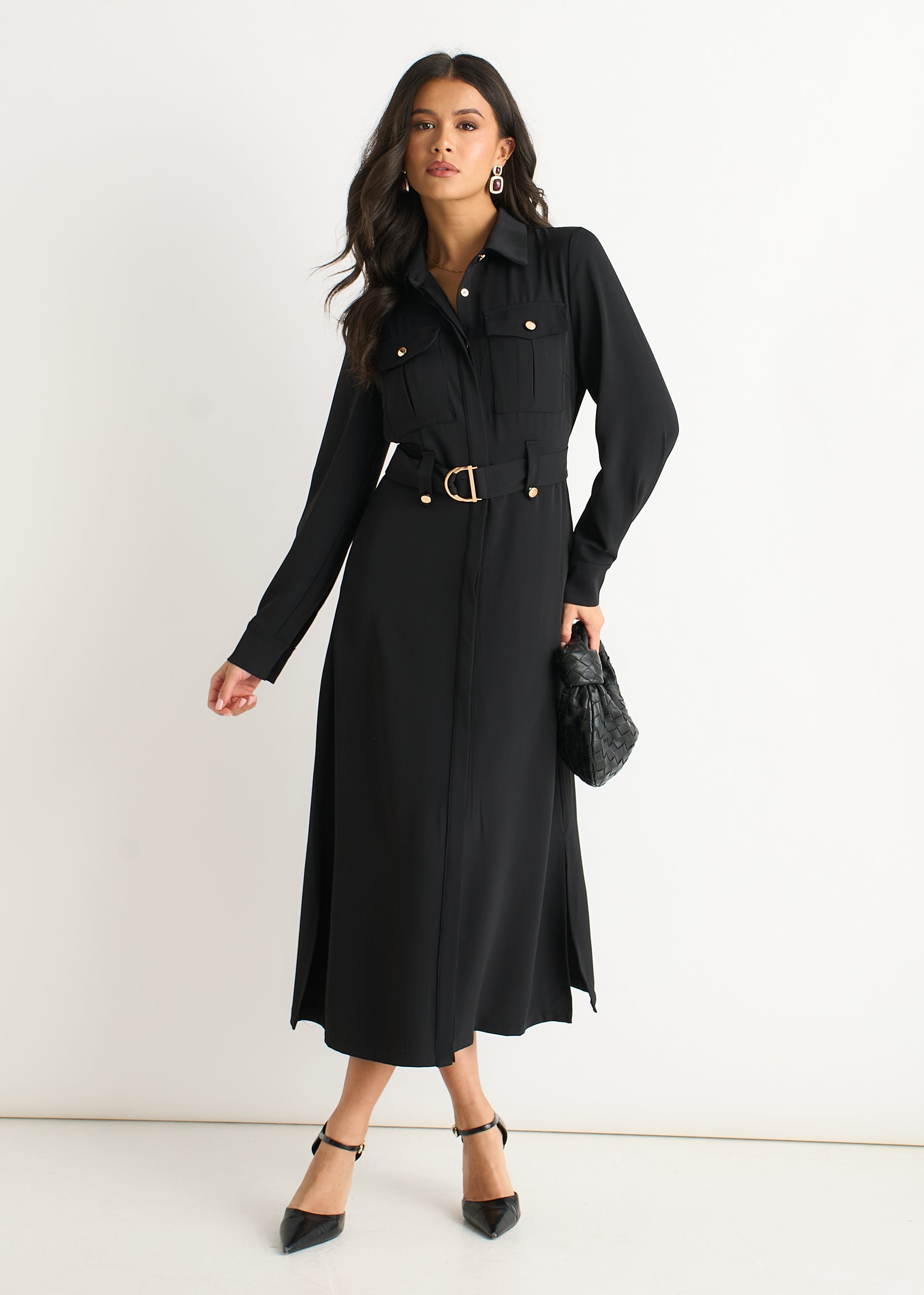 Luxe Gold Button Utility Shirt Dress