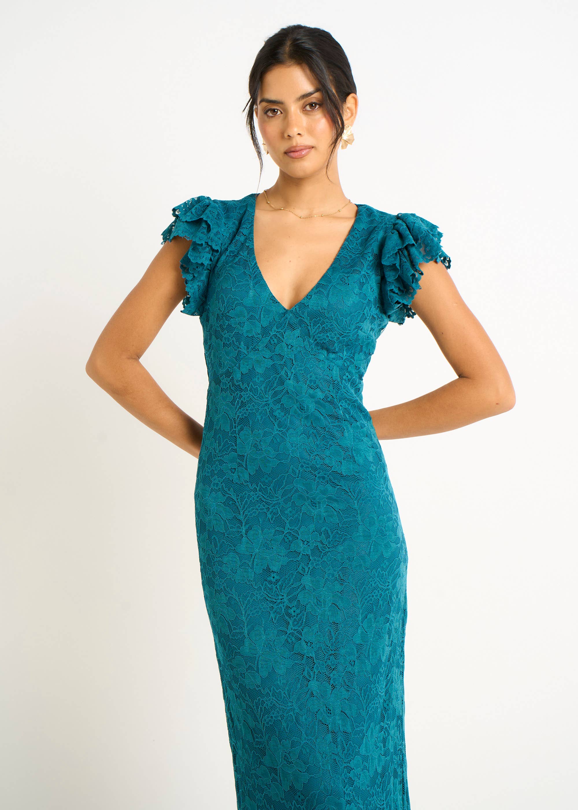 Teal Jersey Lace V Neck Ruffle Maxi Dress – Gini London