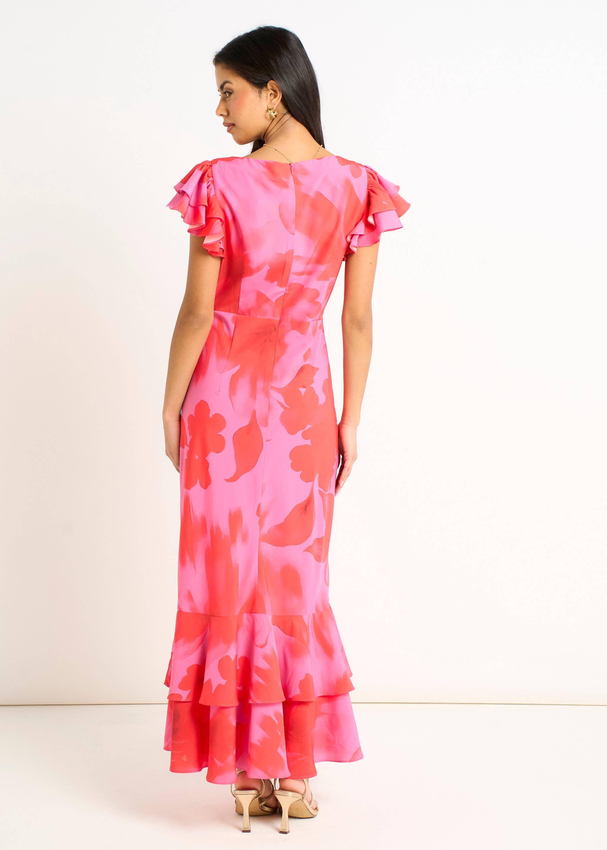 Pink Watercolour Floral Print Ruffle Midaxi Dress