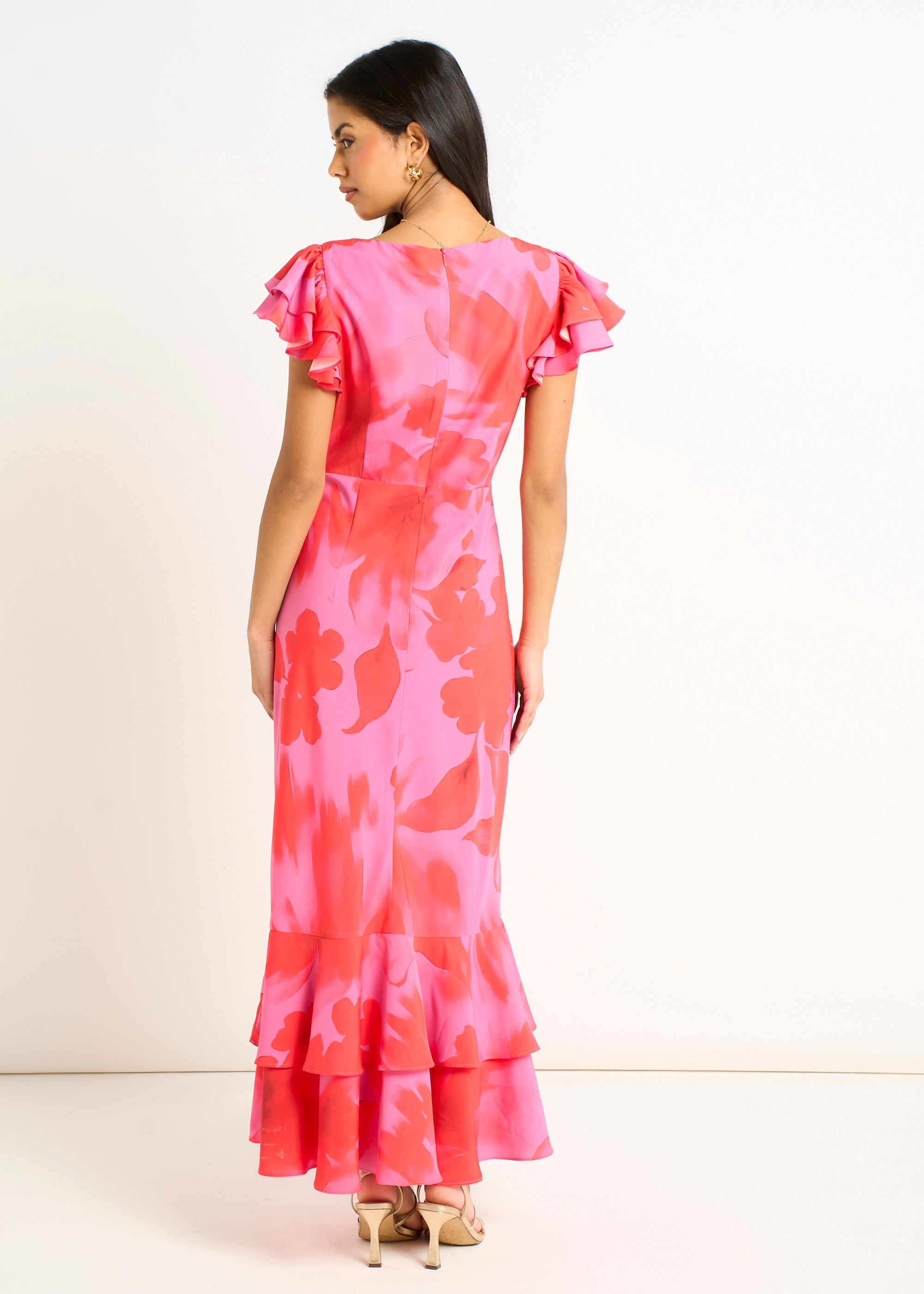 Pink Watercolour Floral Print Ruffle Midaxi Dress