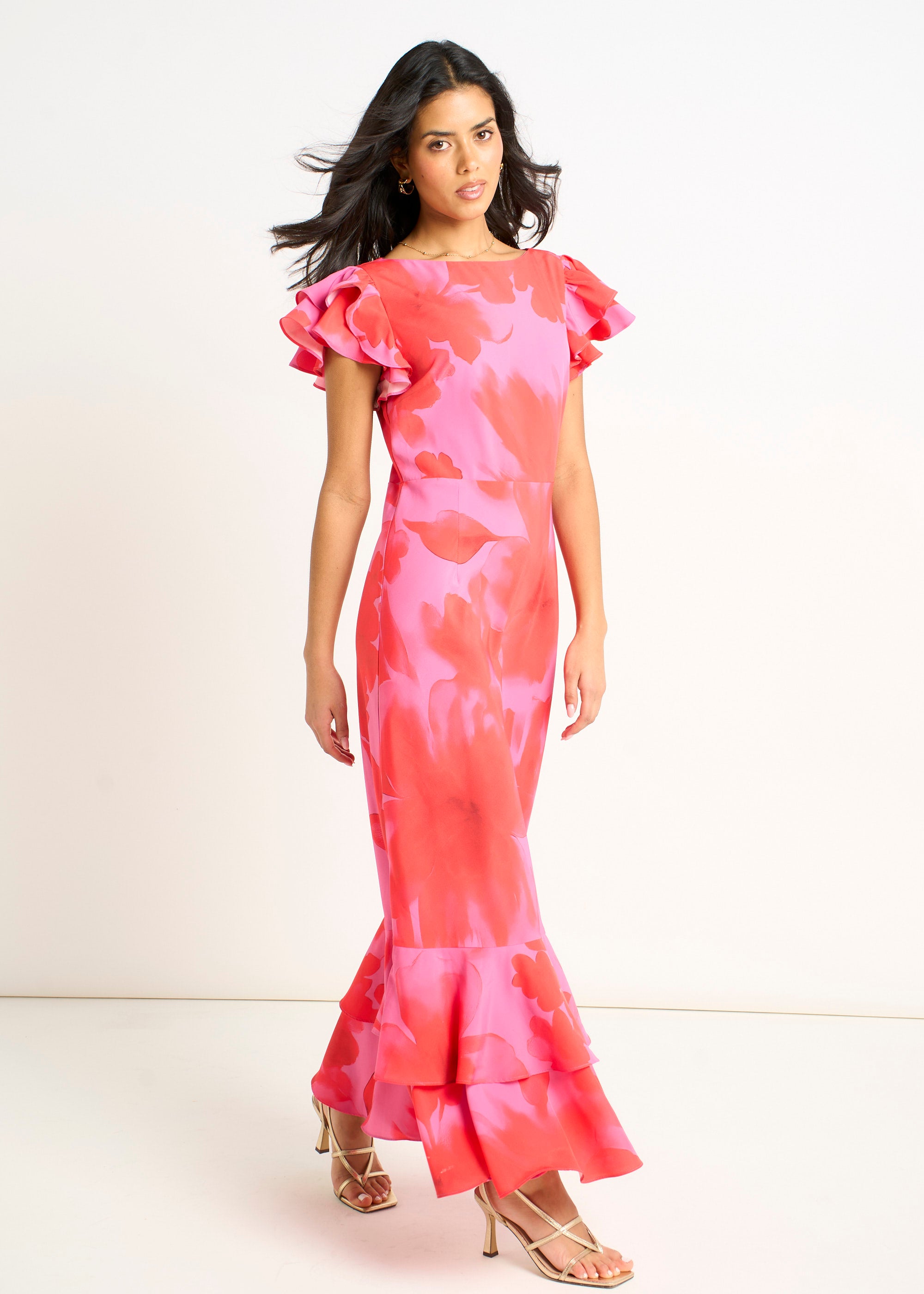 Pink Watercolour Floral Print Ruffle Midaxi Dress