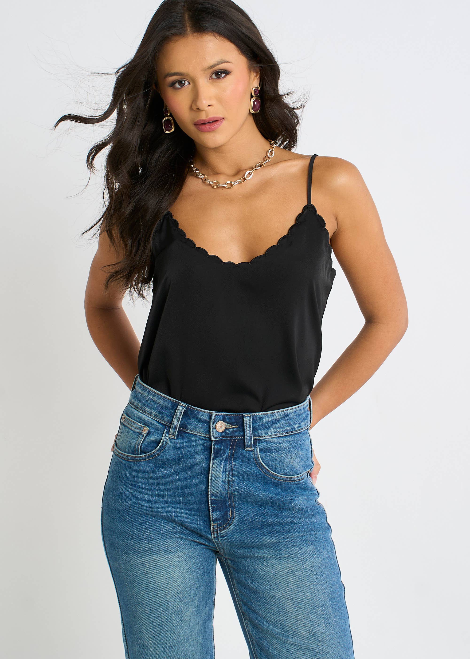 Black Satin Scallop Detail Cami Top