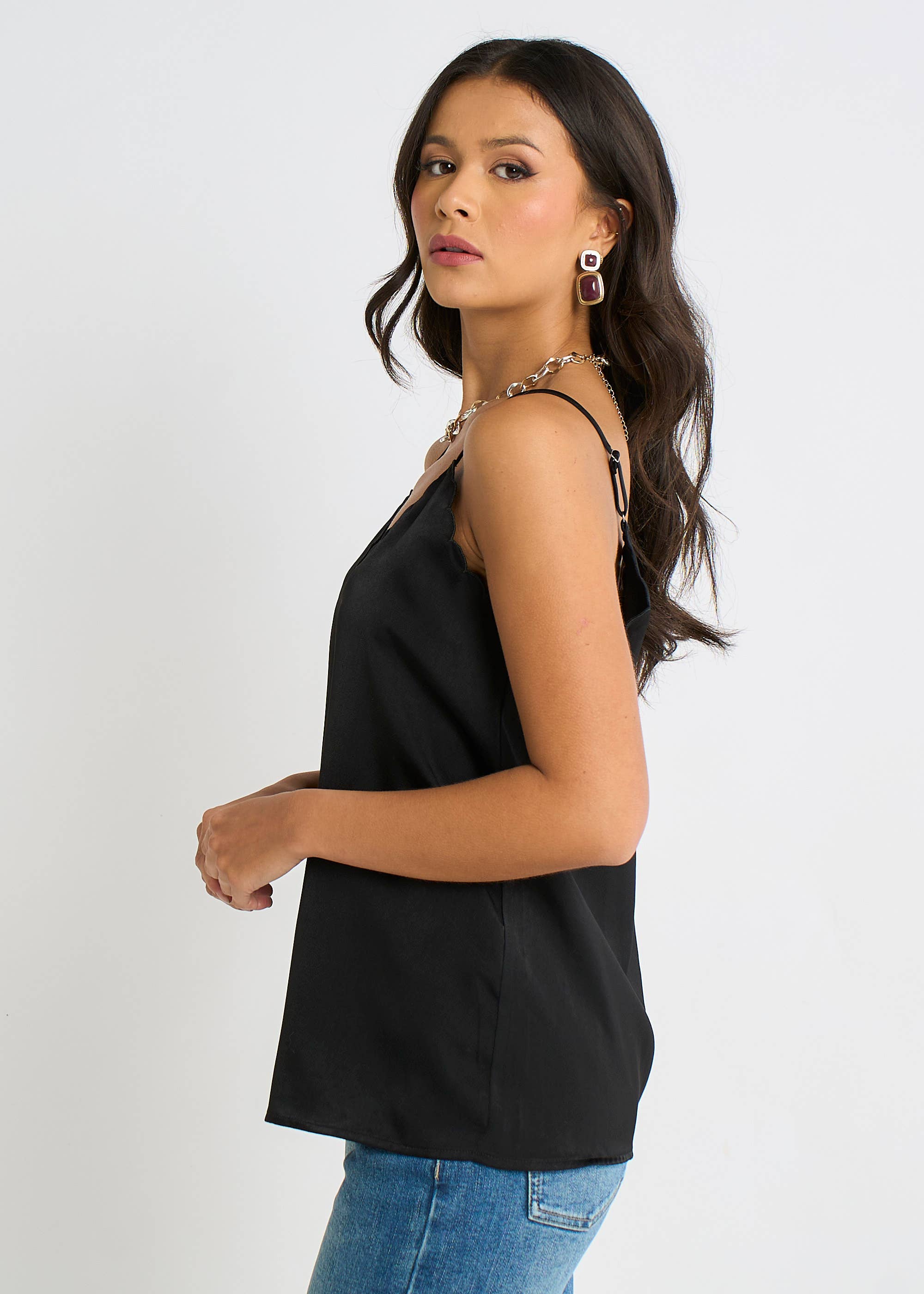 Black Satin Scallop Detail Cami Top