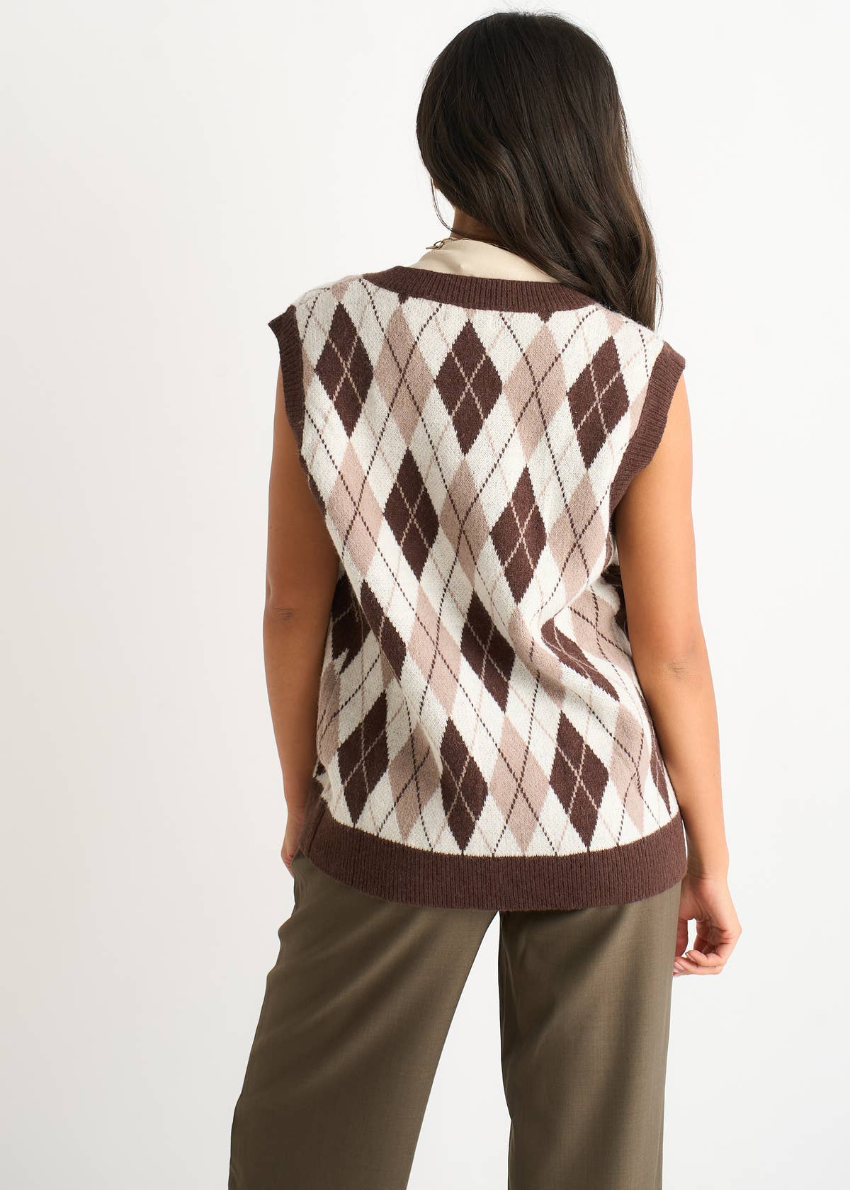 Chocolate Argyle Knit Vest Jumper – View 4 | Gini London