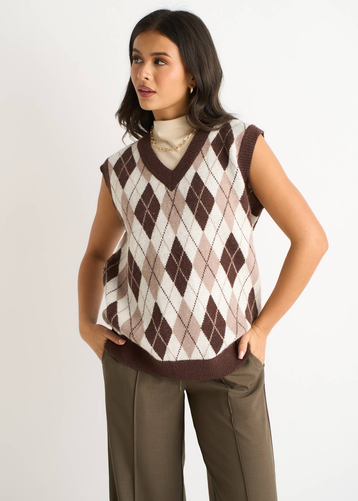 Chocolate Argyle Knit Vest Jumper – View 1 | Gini London