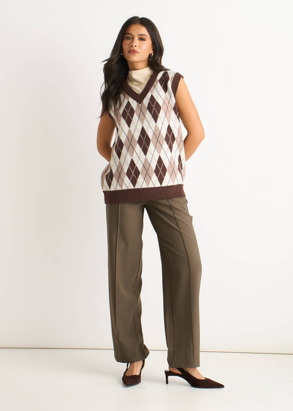 Chocolate Argyle Knit Vest Jumper – View 2 | Gini London