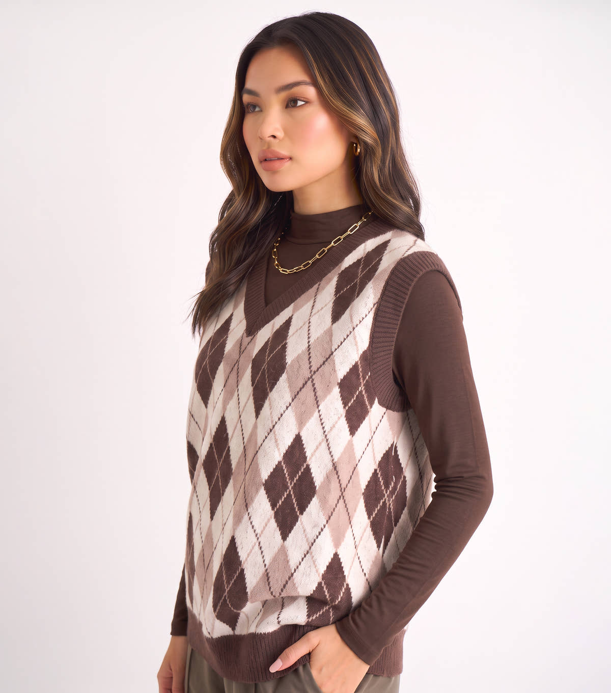 Chocolate Argyle Knit Vest Jumper