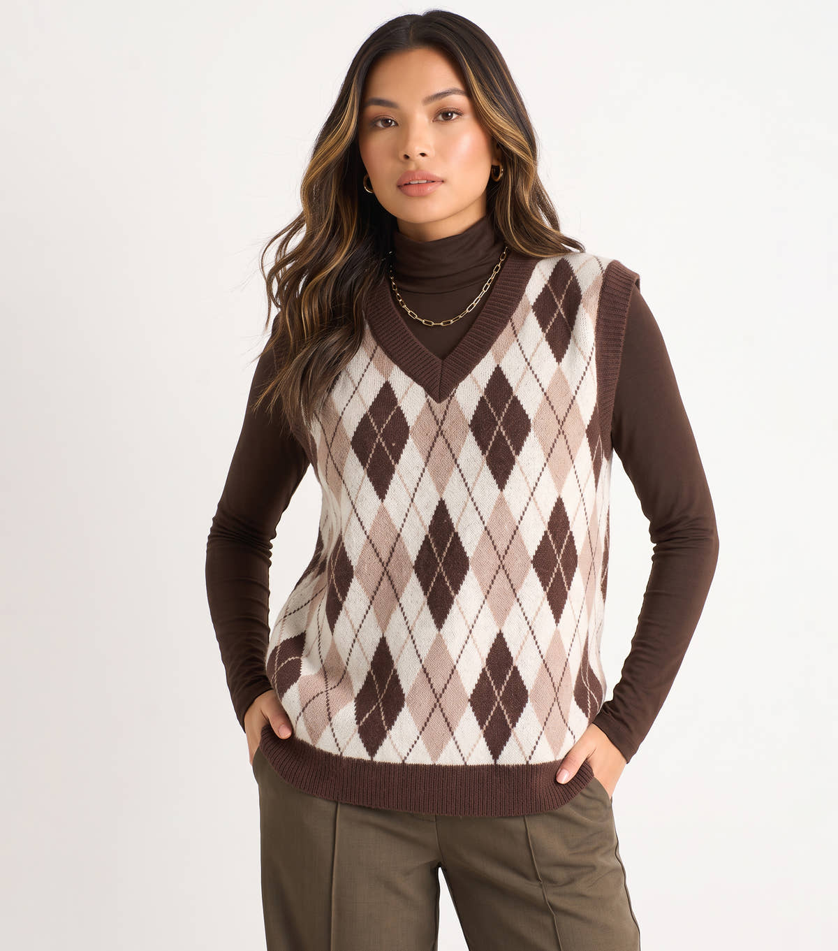 Chocolate Argyle Knit Vest Jumper
