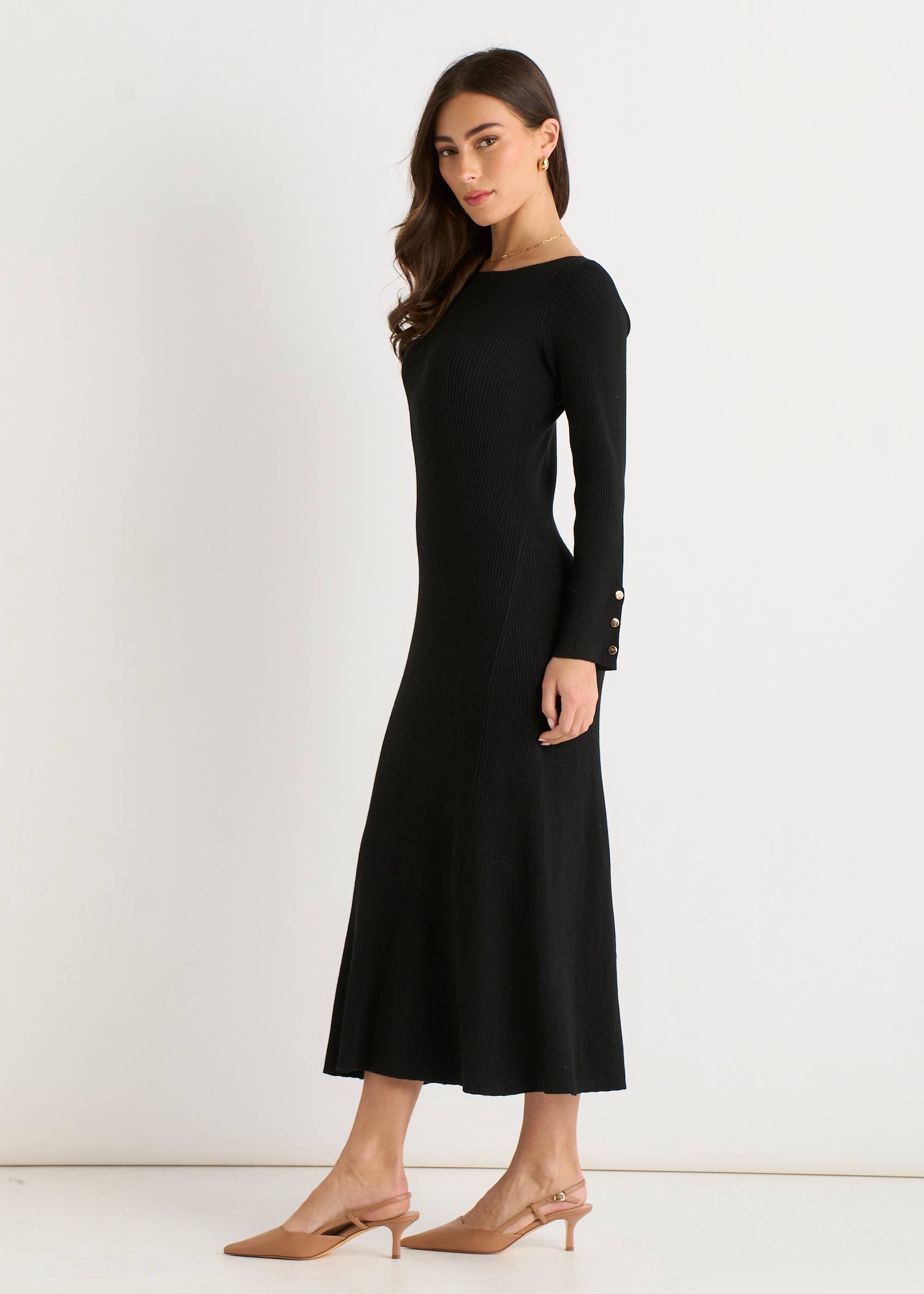 Black Slash Neck Knitted Fit & Flare Dress