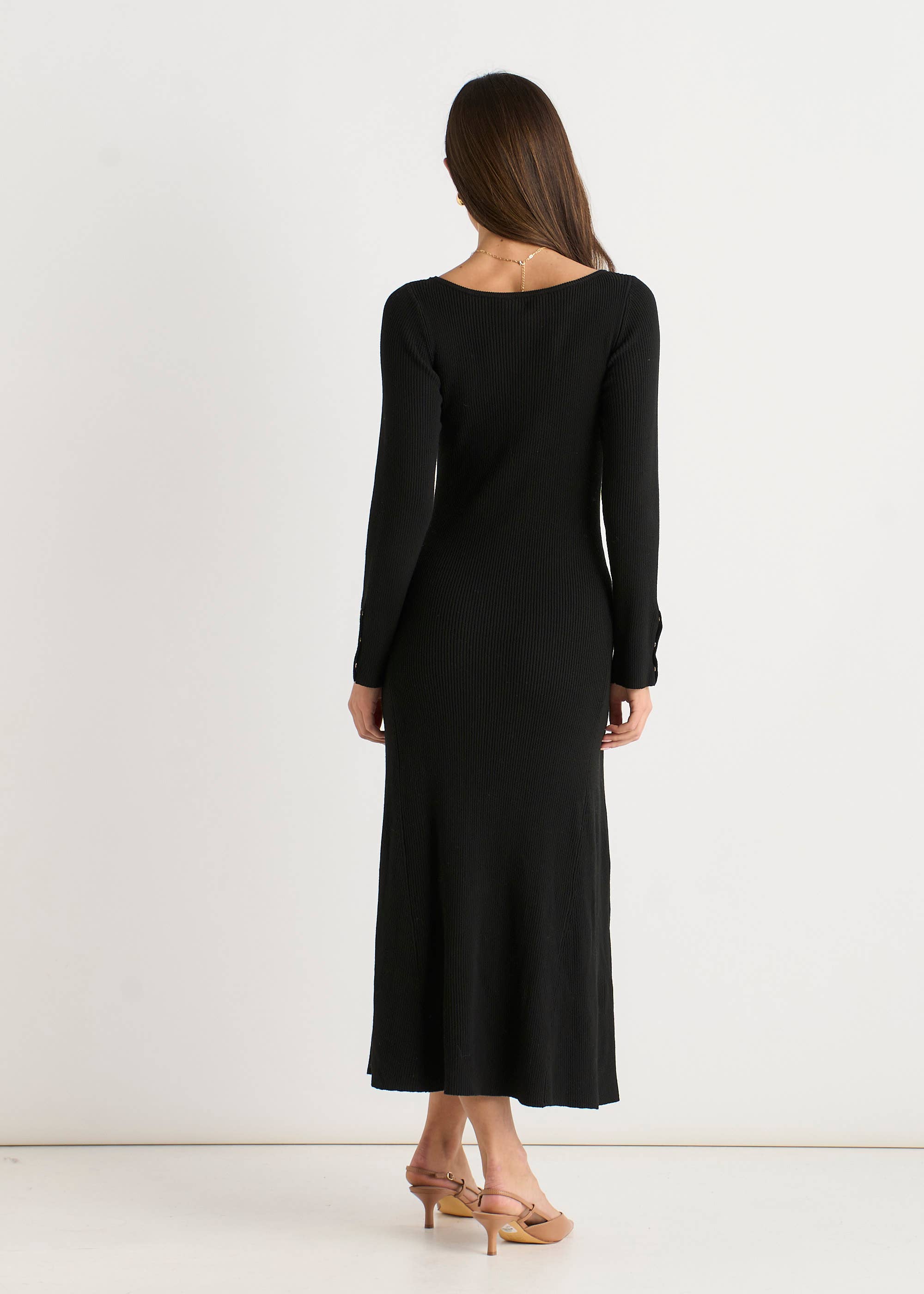 Black Slash Neck Knitted Fit & Flare Dress