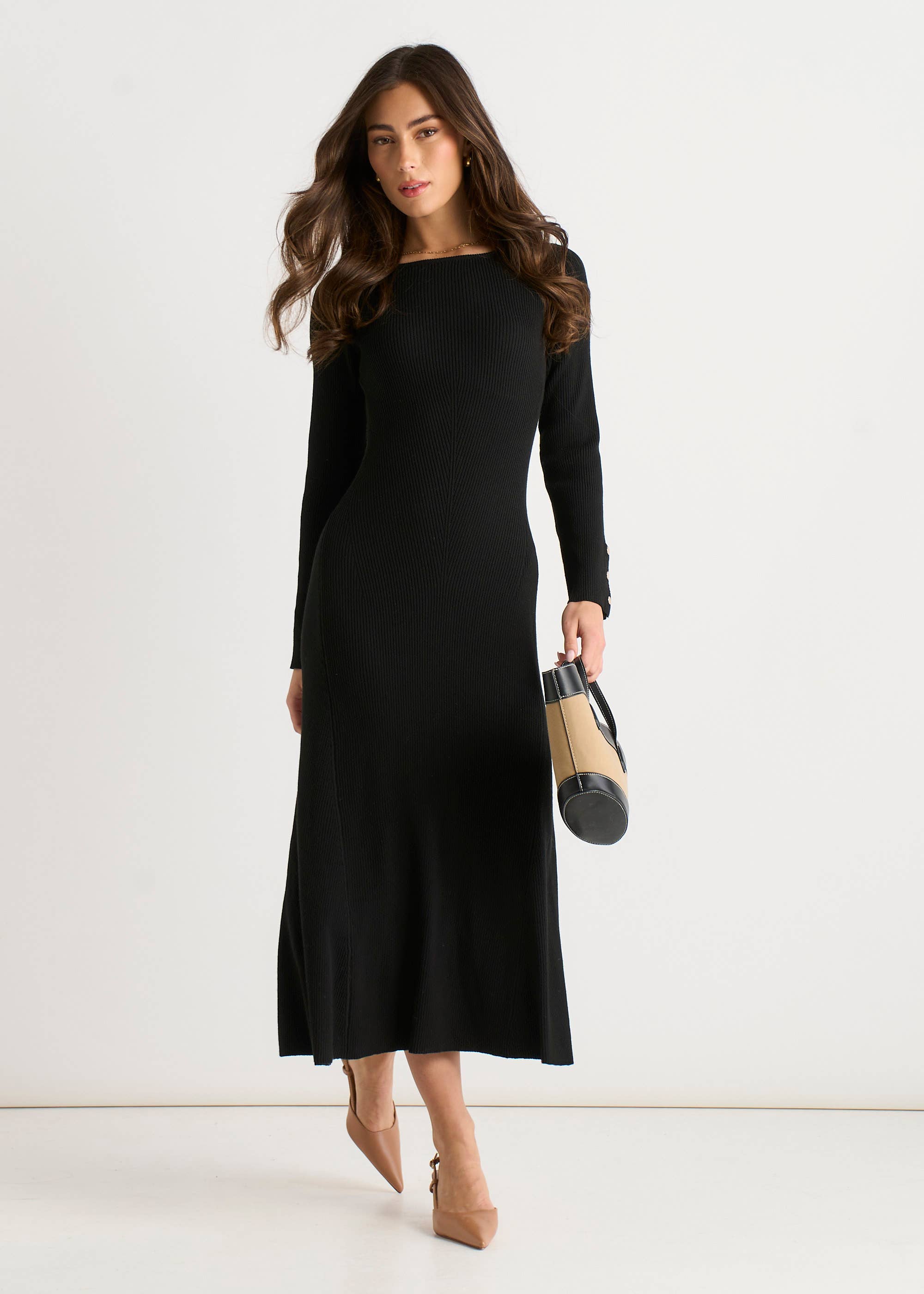 Black Slash Neck Knitted Fit & Flare Dress
