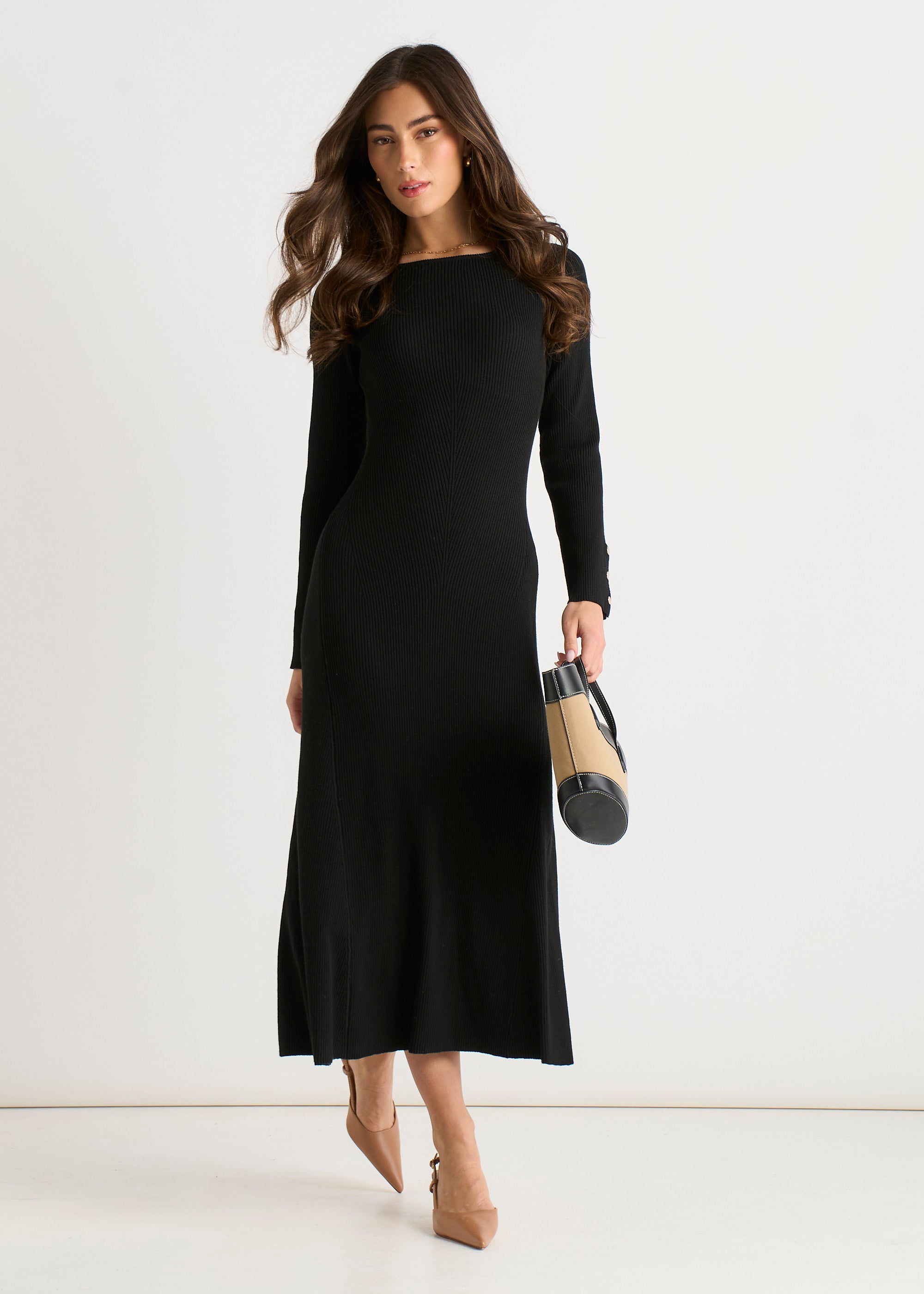 Slash Neck Knitted Fit & Flare Dress