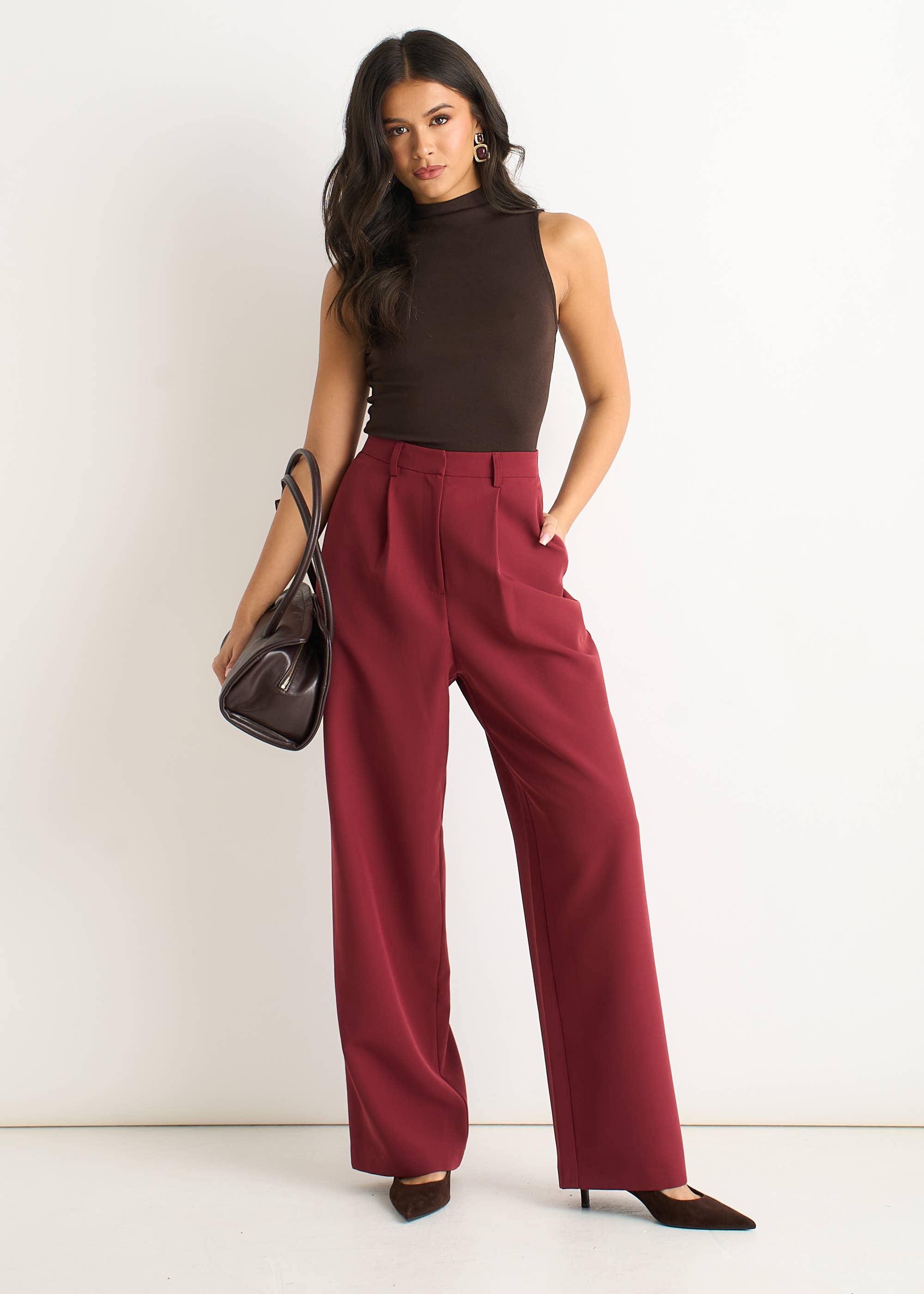 Rust Wide Leg Pleat Tailoring Trouser