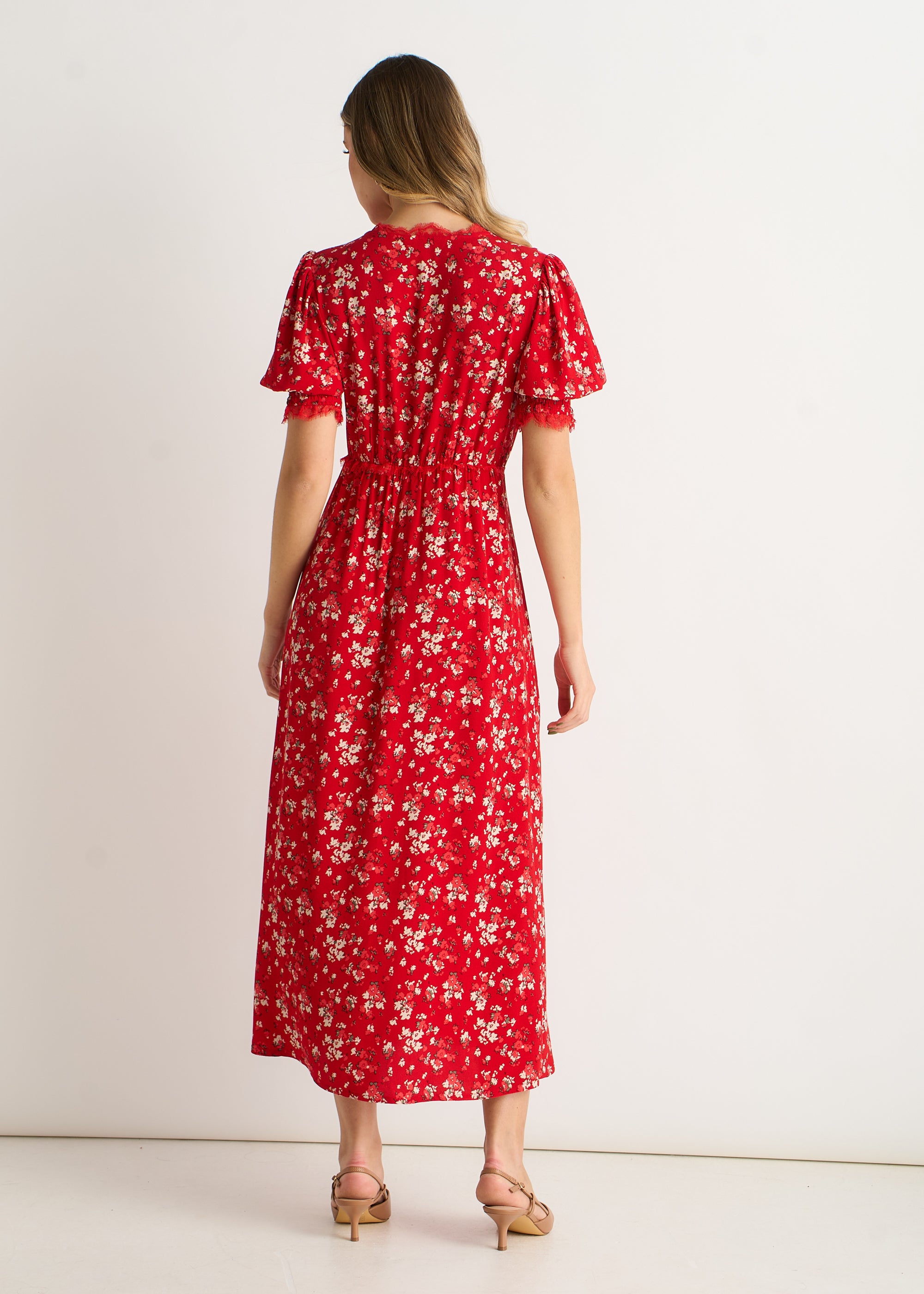 Red Viscose Lace Trim Midi Dress