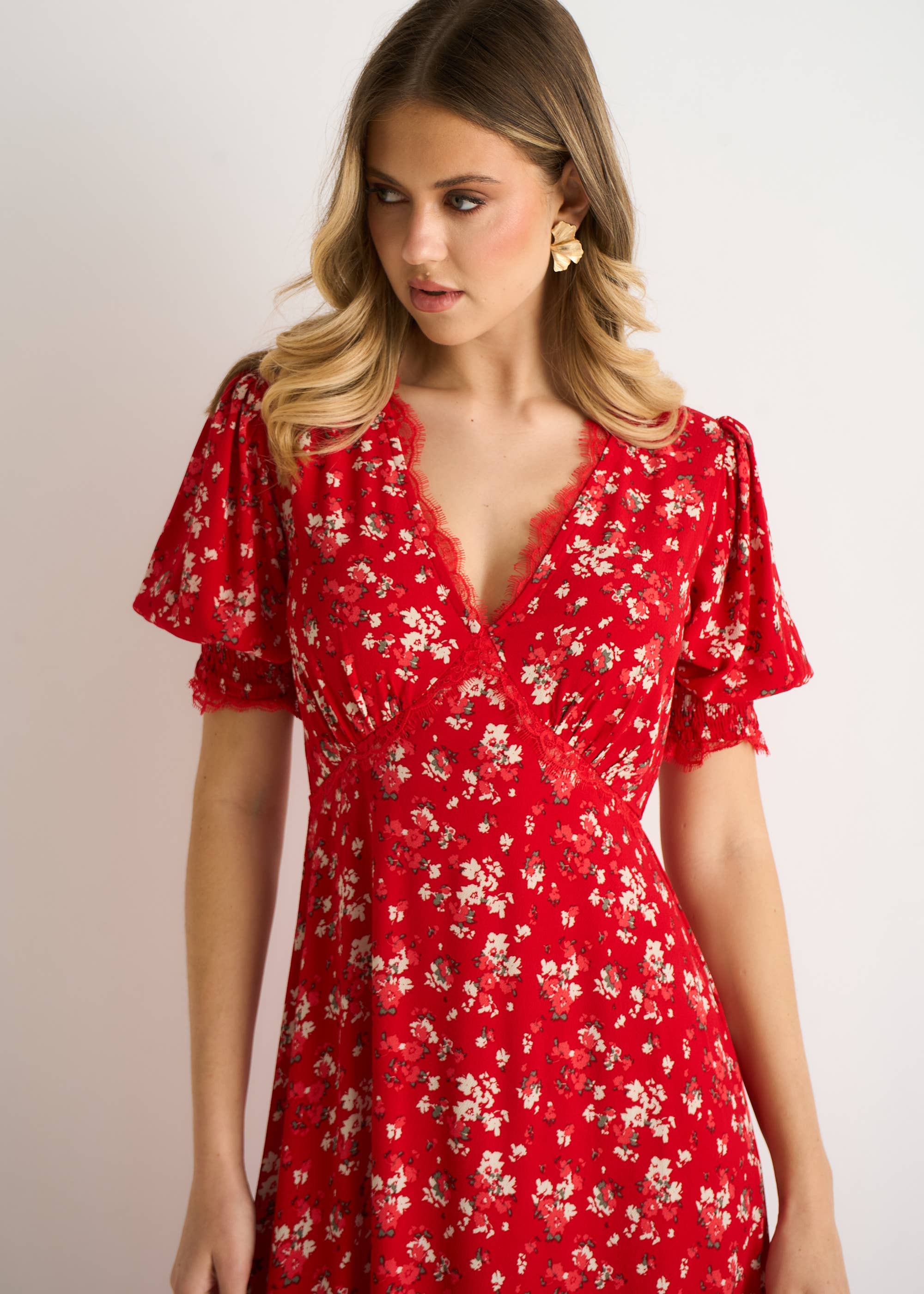 Red Viscose Lace Trim Midi Dress