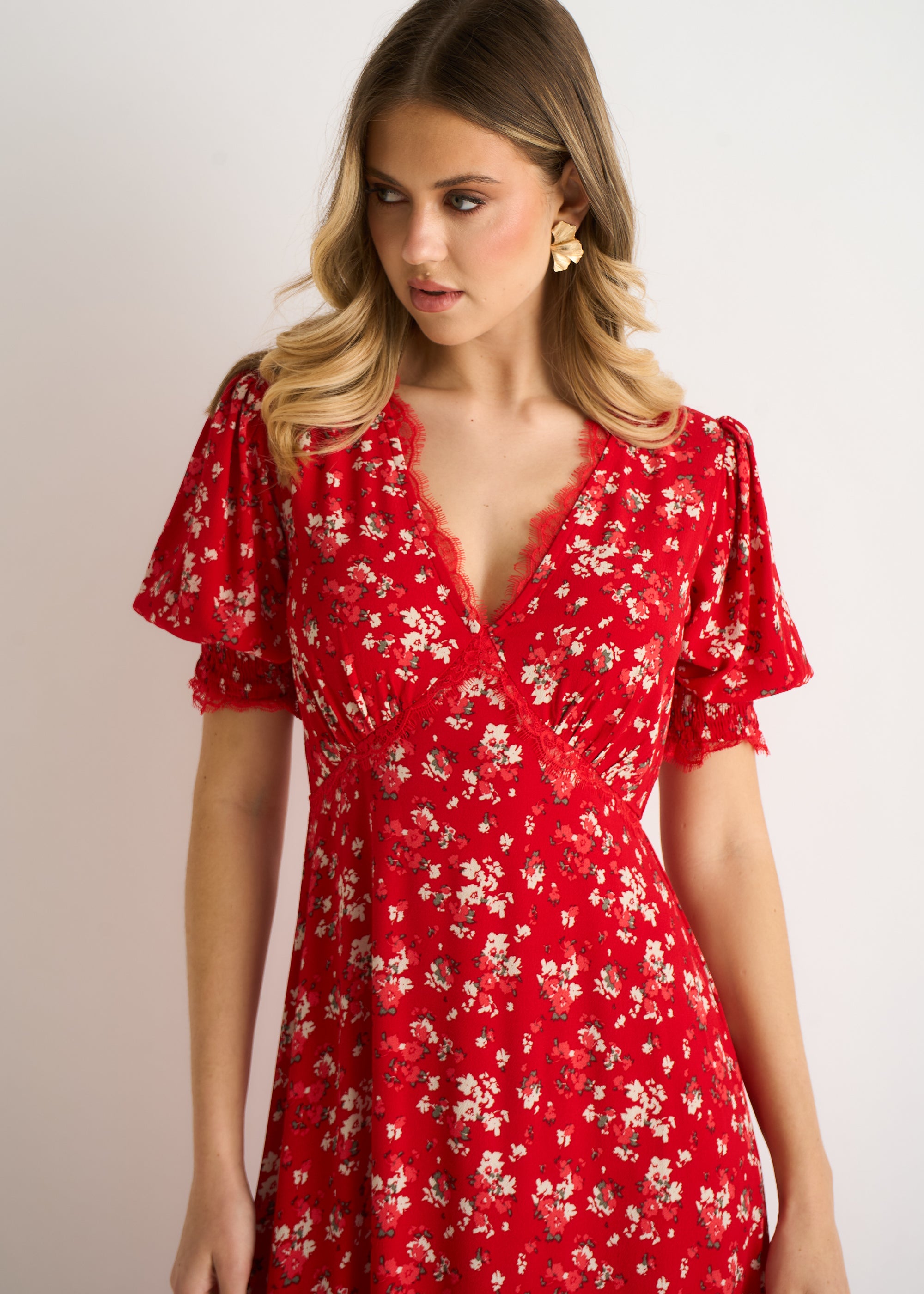 Red Viscose Lace Trim Midi Dress
