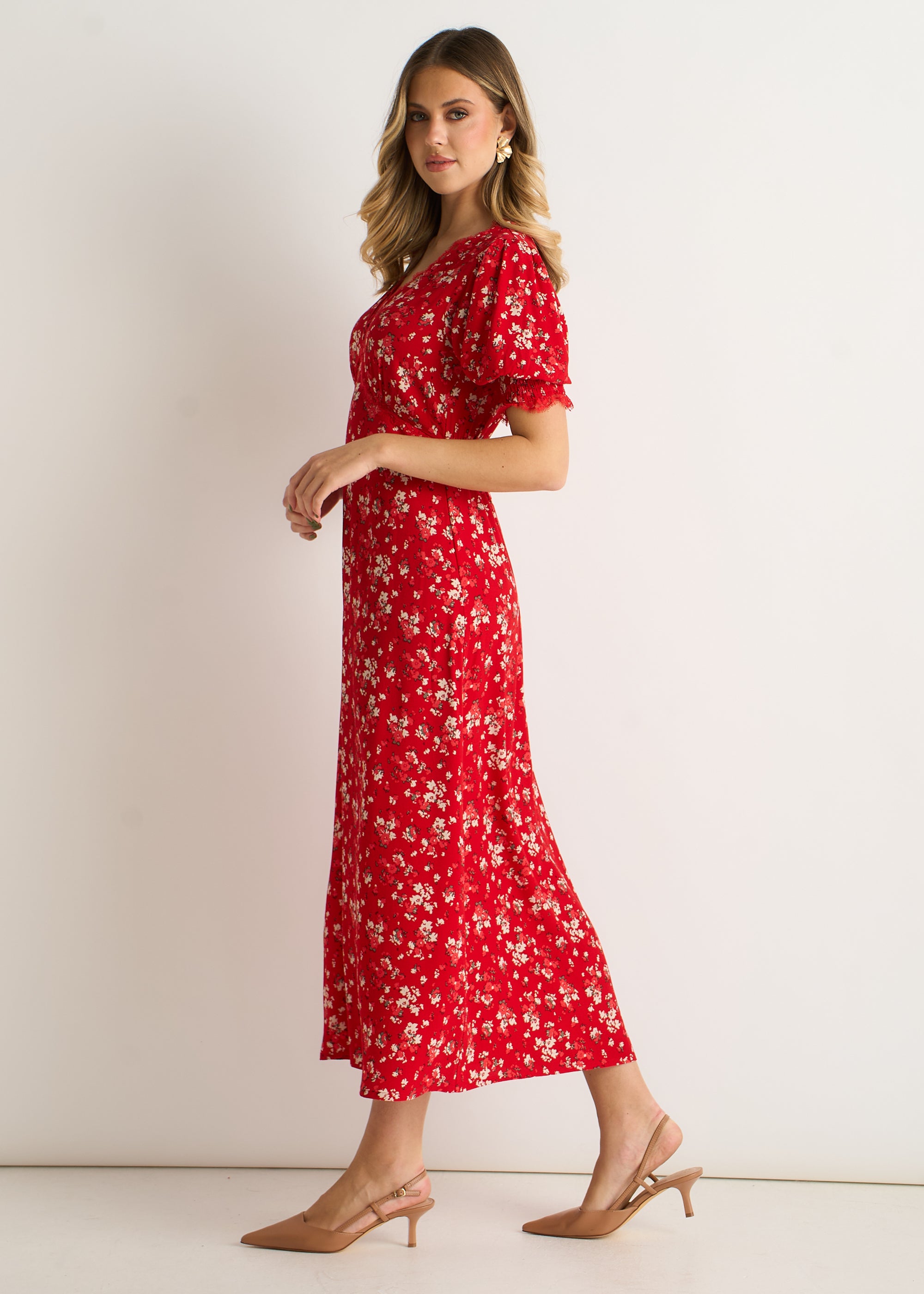 Red Viscose Lace Trim Midi Dress