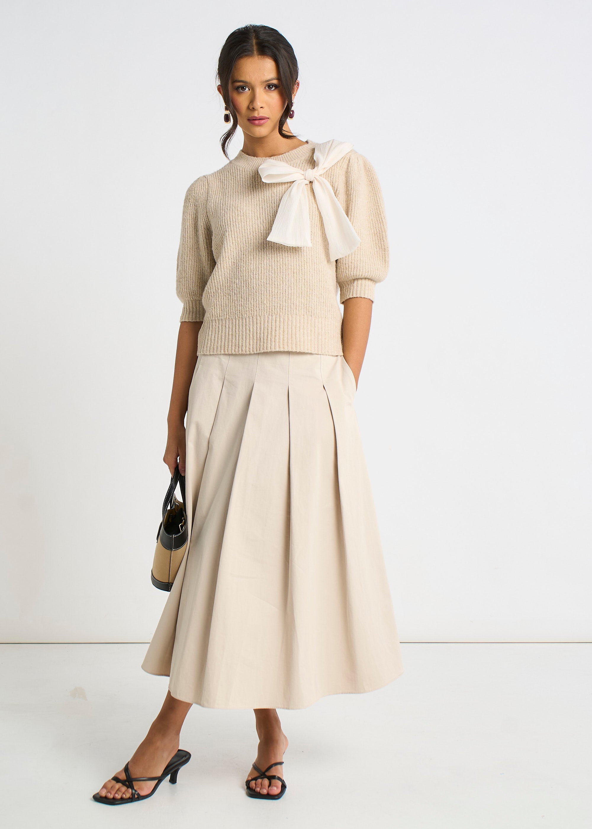 Mocha Chiffon Bow Knitted Jumper