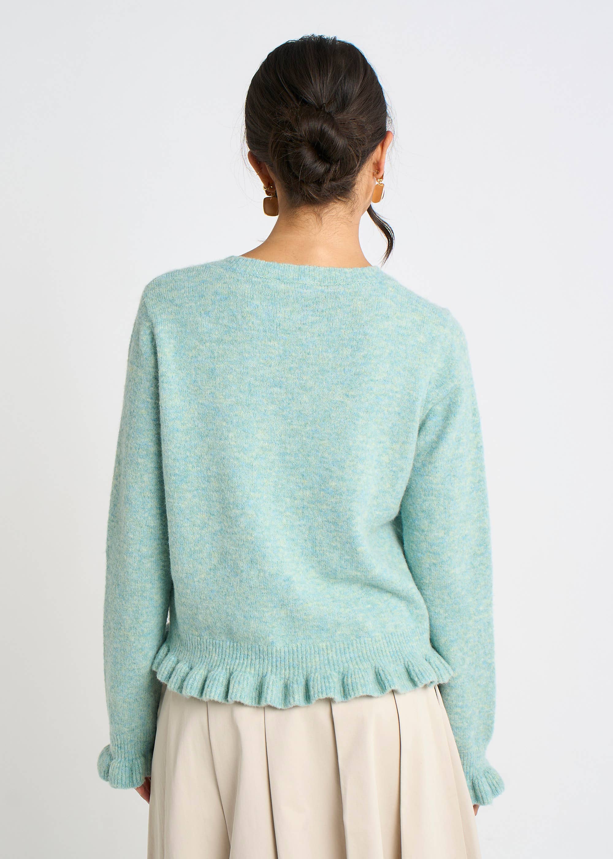 Green Long Sleeve Ruffle Front Cardigan