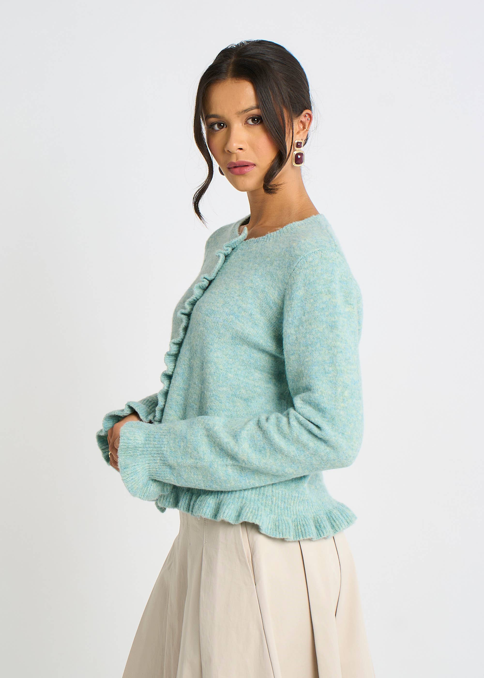 Green Long Sleeve Ruffle Front Cardigan