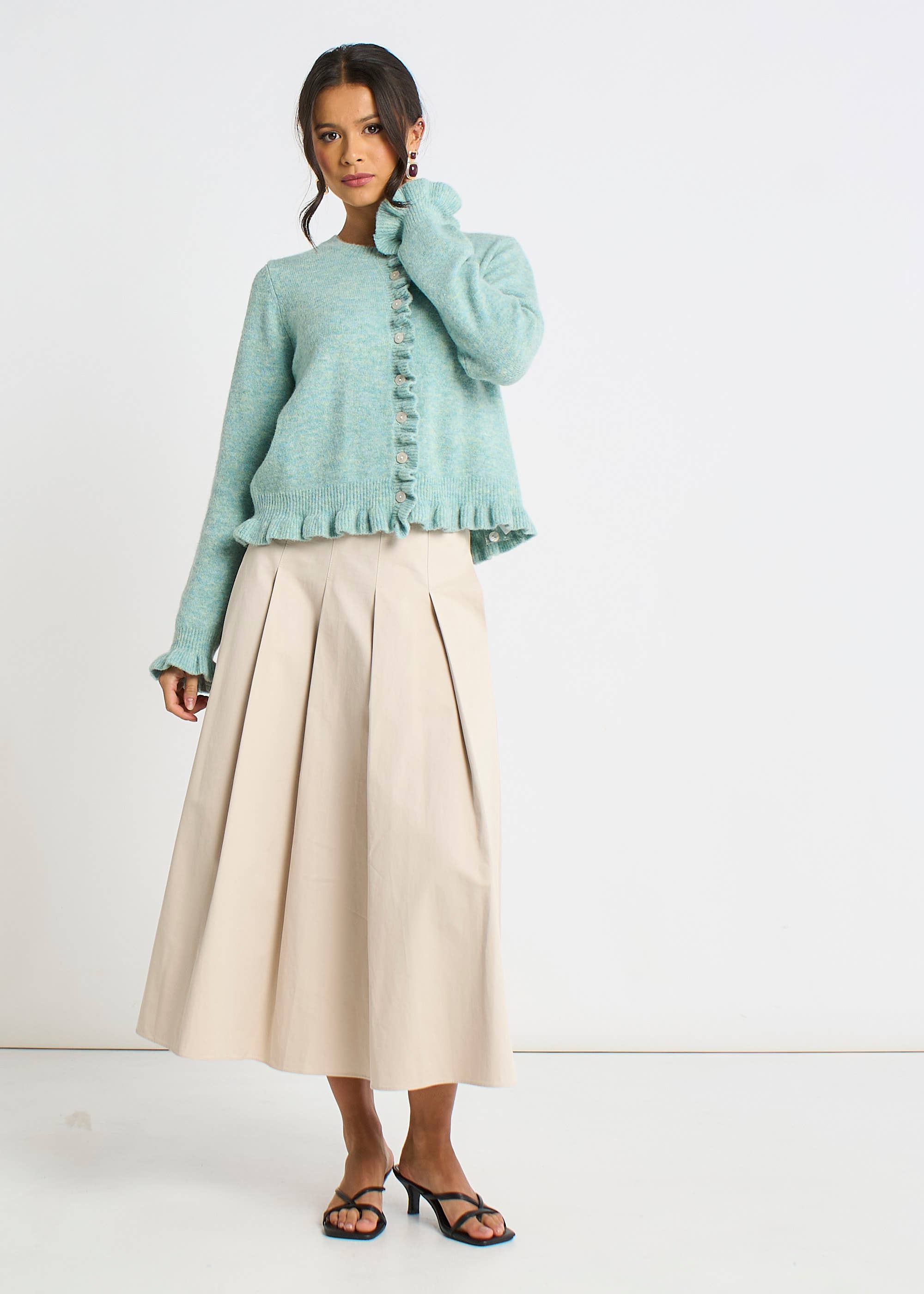 Green Long Sleeve Ruffle Front Cardigan