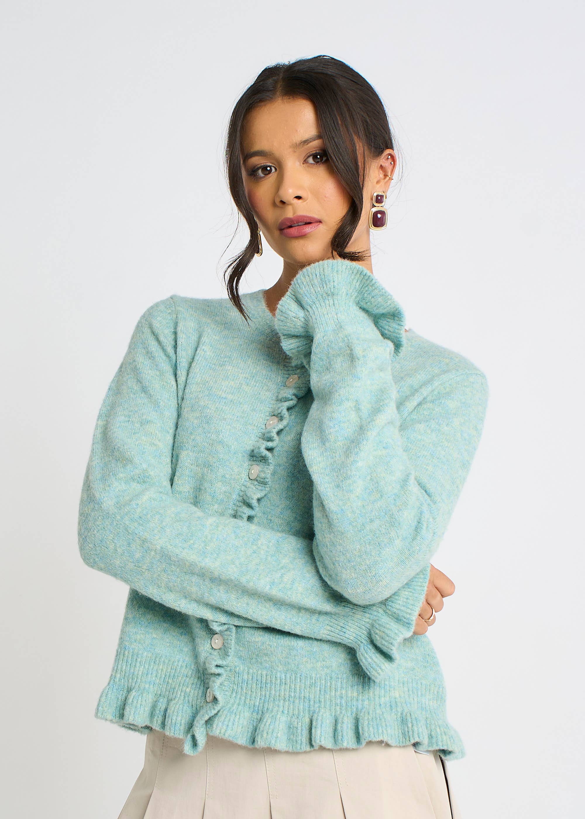 Green Long Sleeve Ruffle Front Cardigan