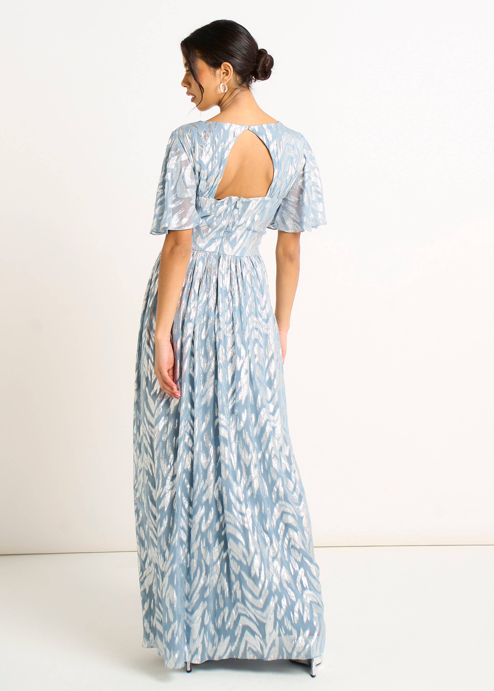 Blue Foil Metallic Print Short Sleeves Maxi Dress