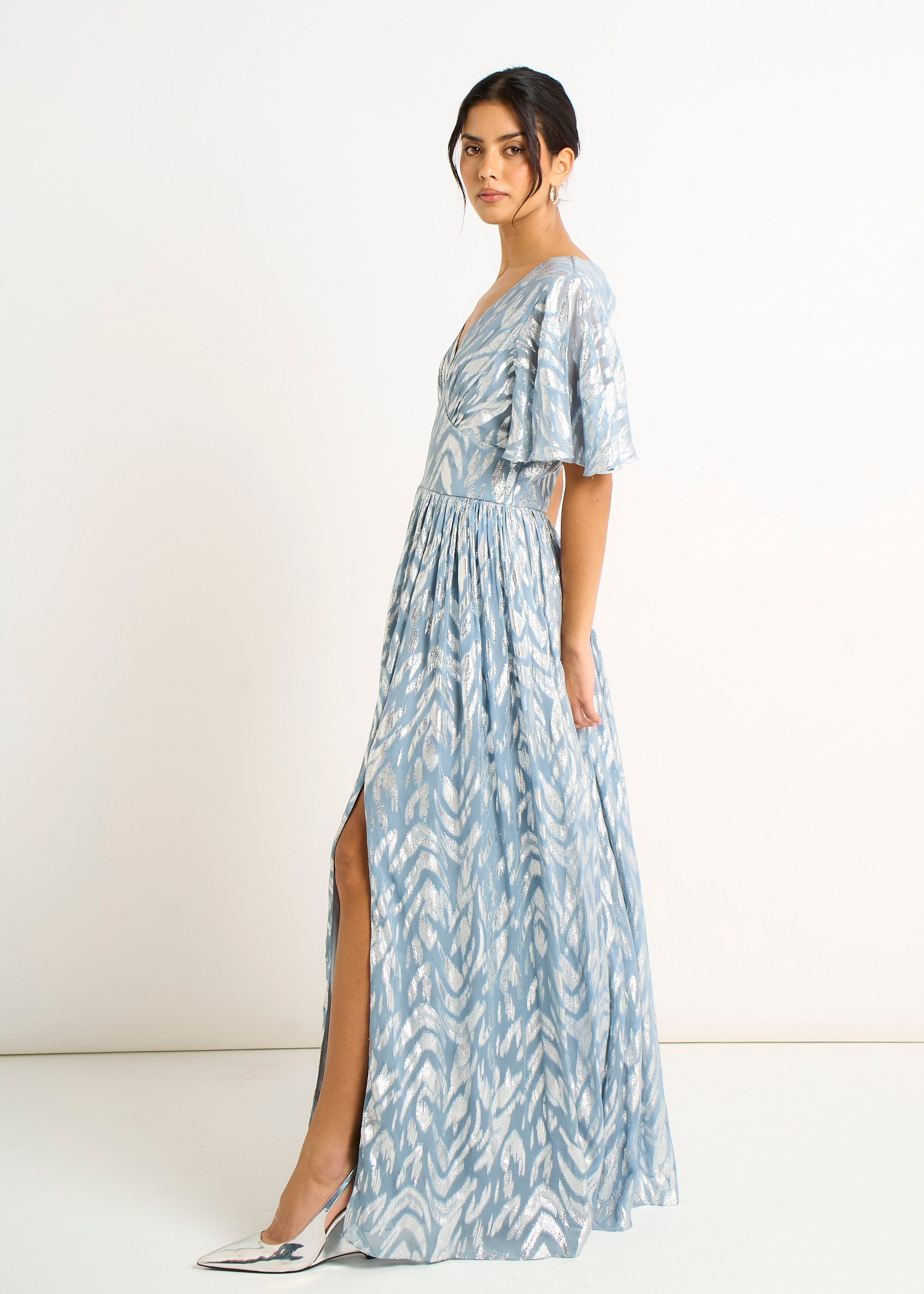 Blue Foil Metallic Print Short Sleeves Maxi Dress  Gini London