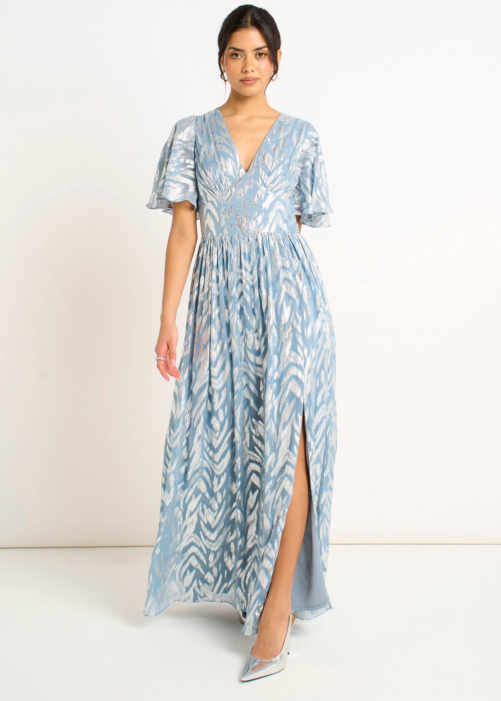 Blue Foil Metallic Print Short Sleeves Maxi Dress