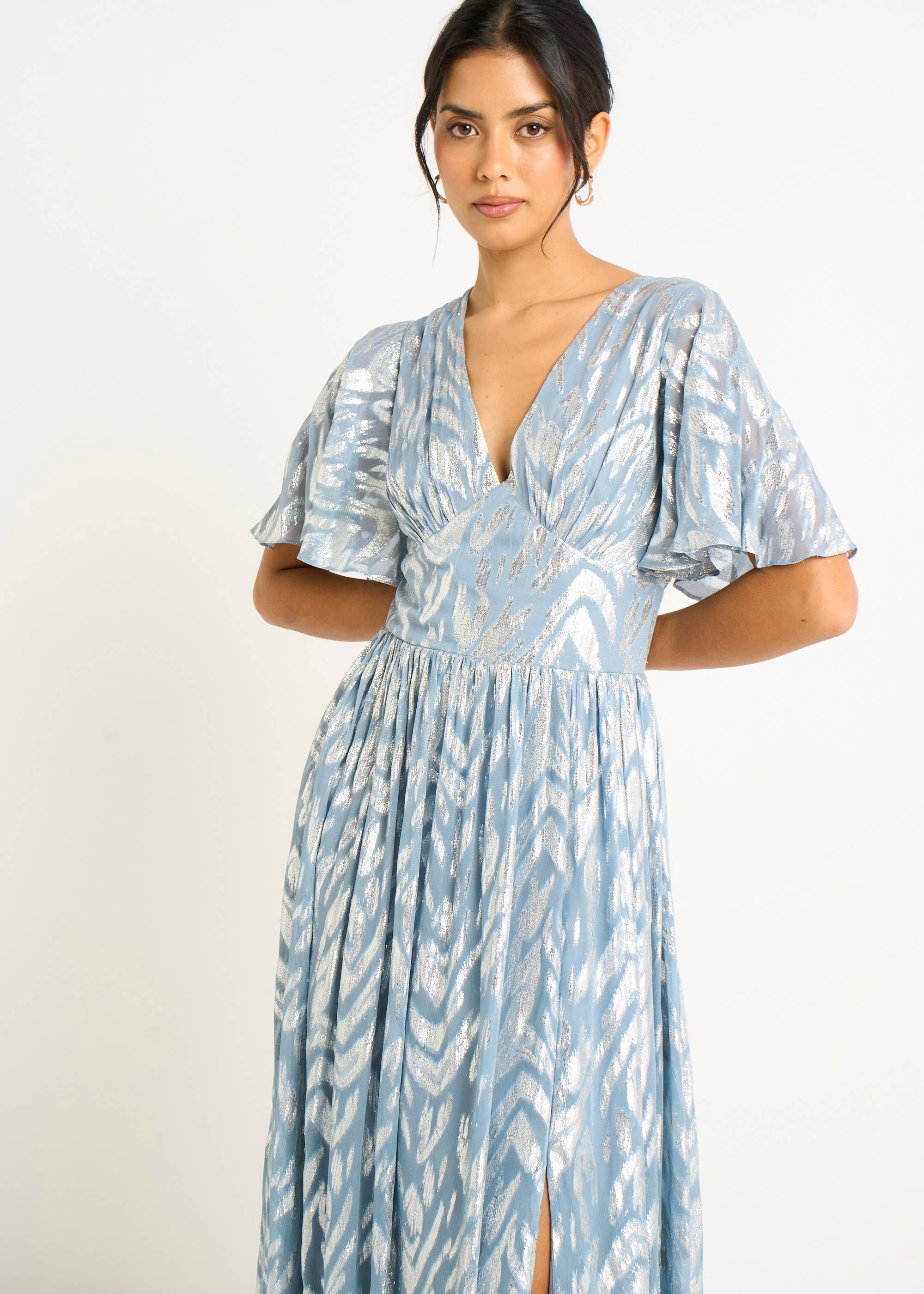 Blue Foil Metallic Print Short Sleeves Maxi Dress