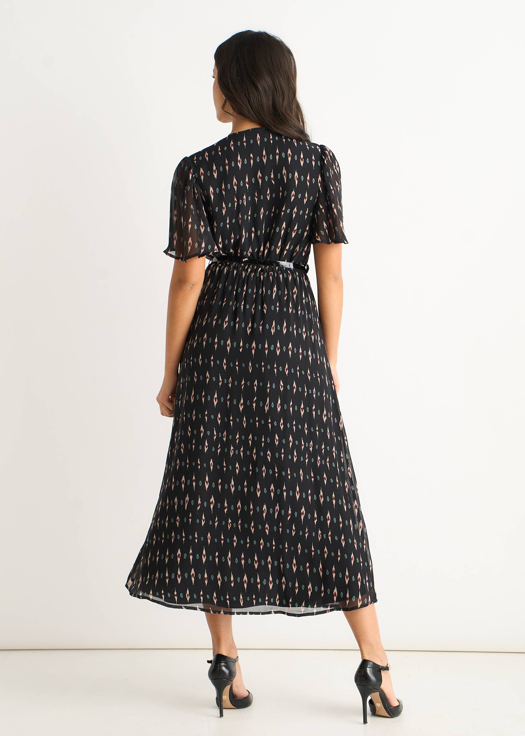 Black Silk Geo Print Midi Dress