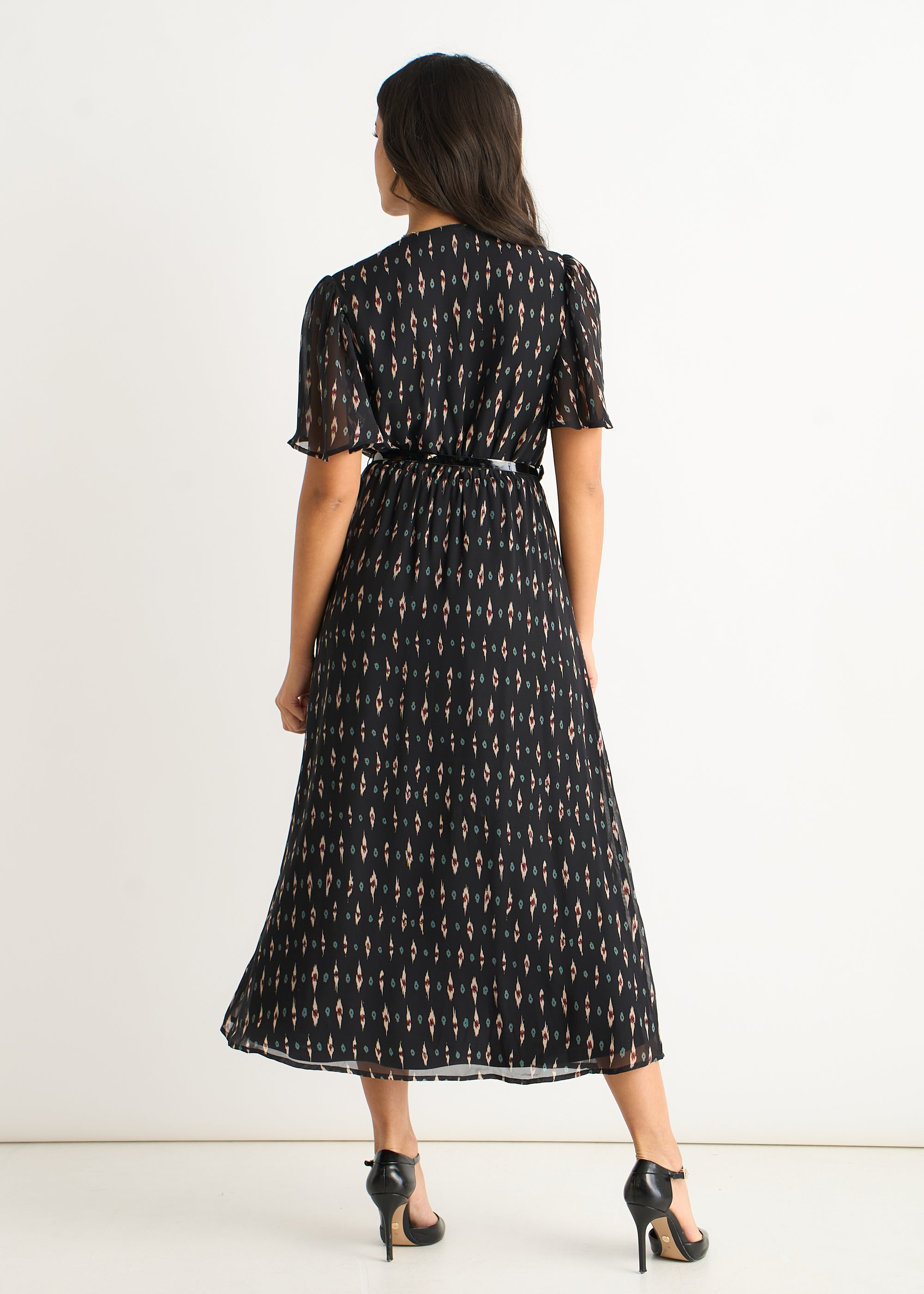 Black Silk Geo Print Midi Dress