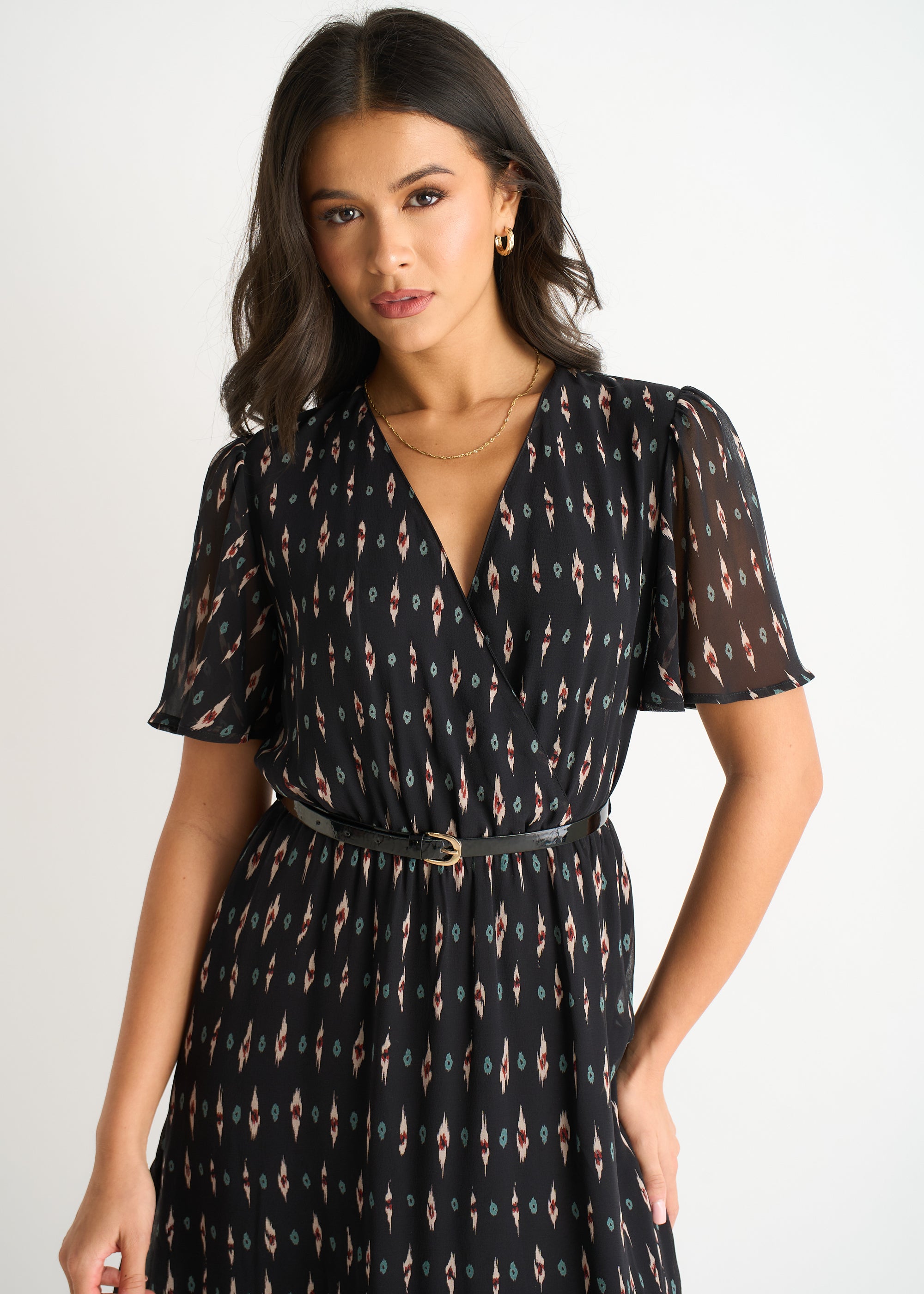 Black Silk Geo Print Midi Dress