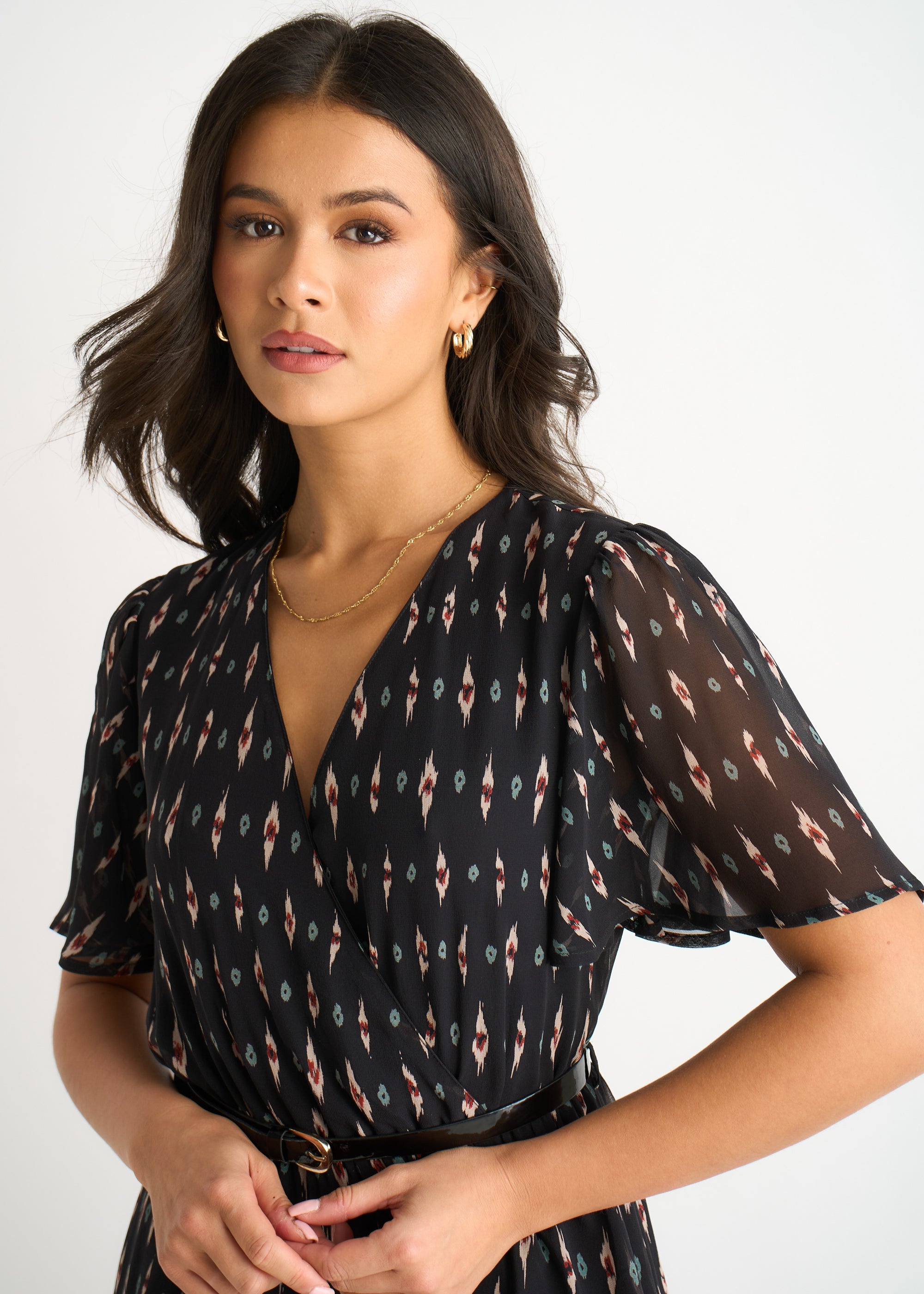 Black Silk Geo Print Midi Dress