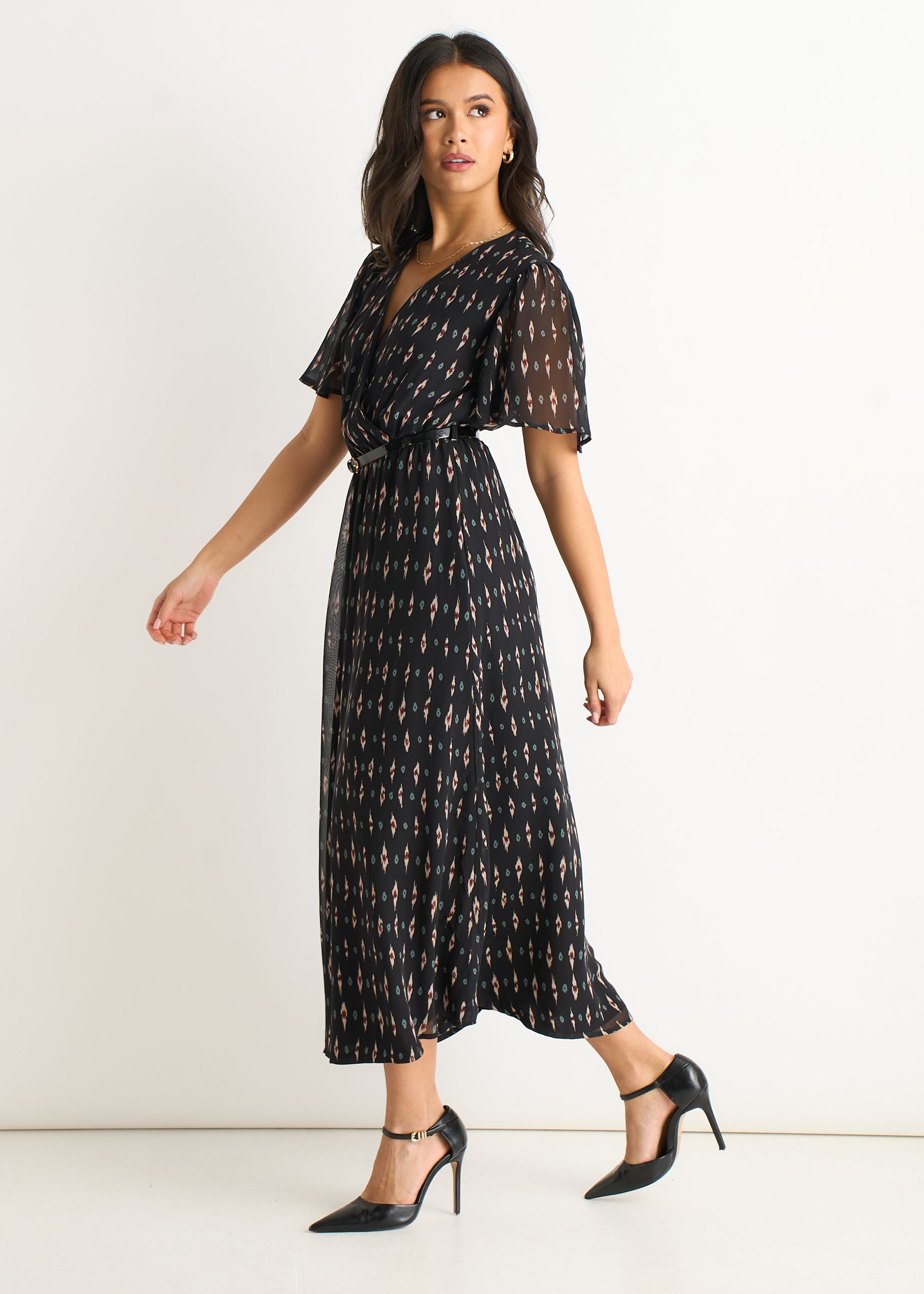 Black Silk Geo Print Midi Dress