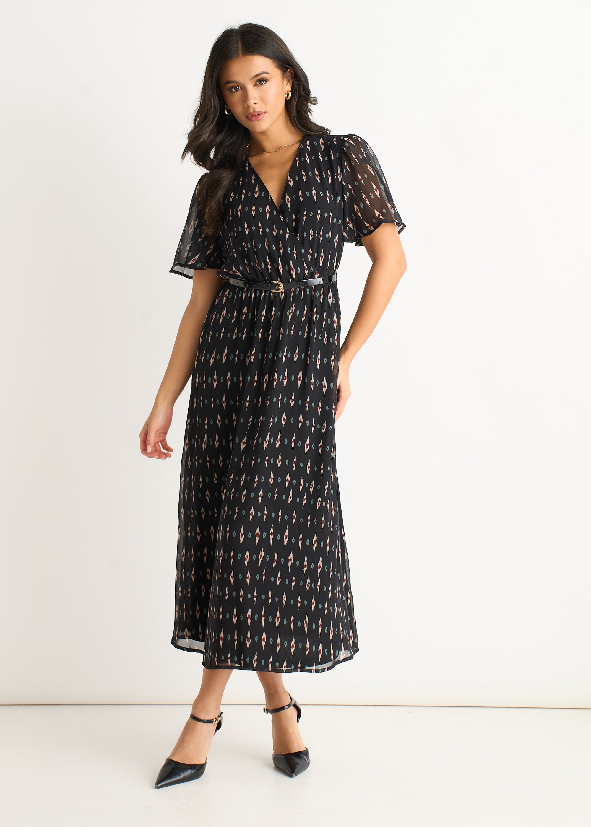 Black Silk Geo Print Midi Dress