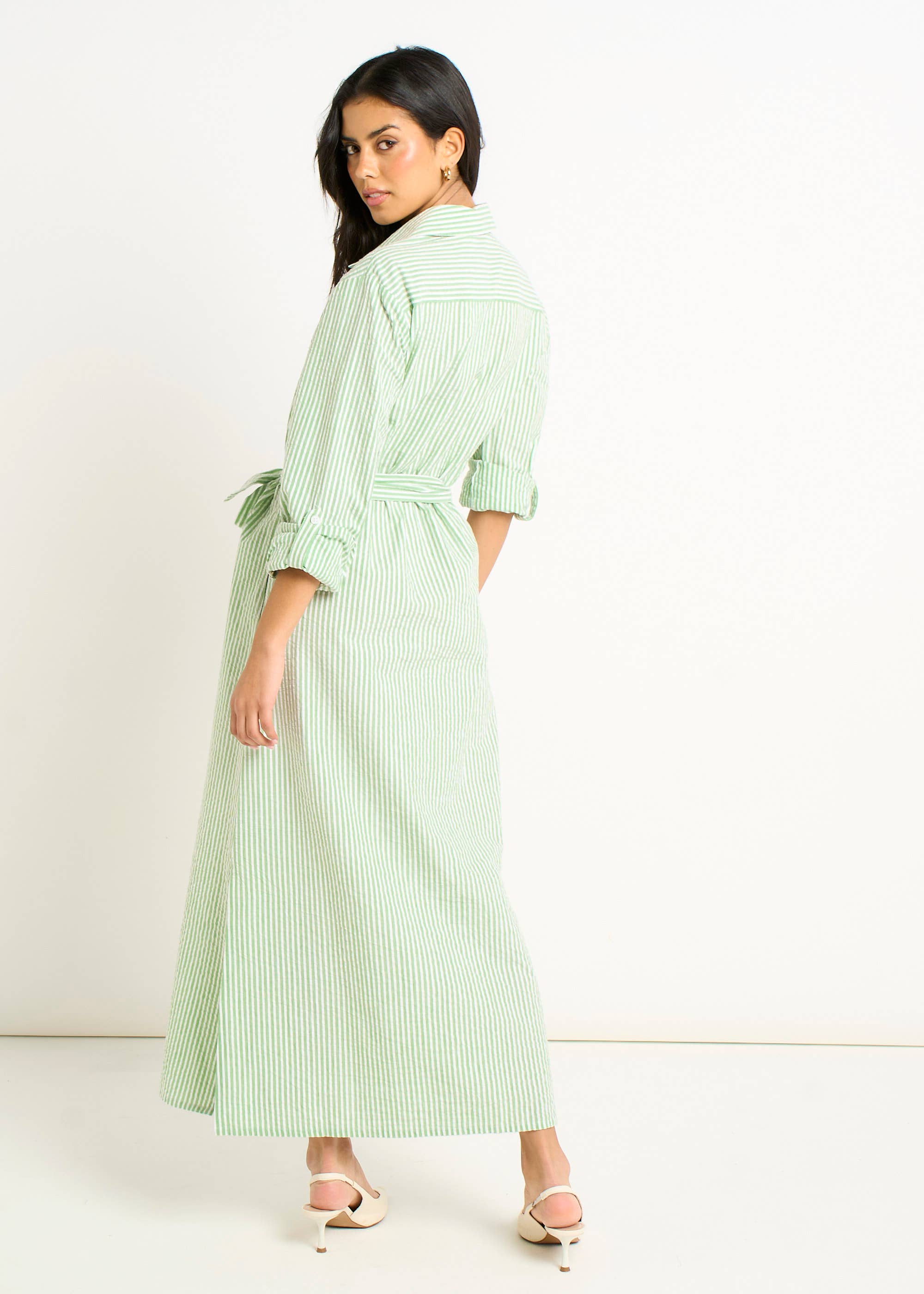 Green Long Sleeves Seersucker Stripe Shirt Dress
