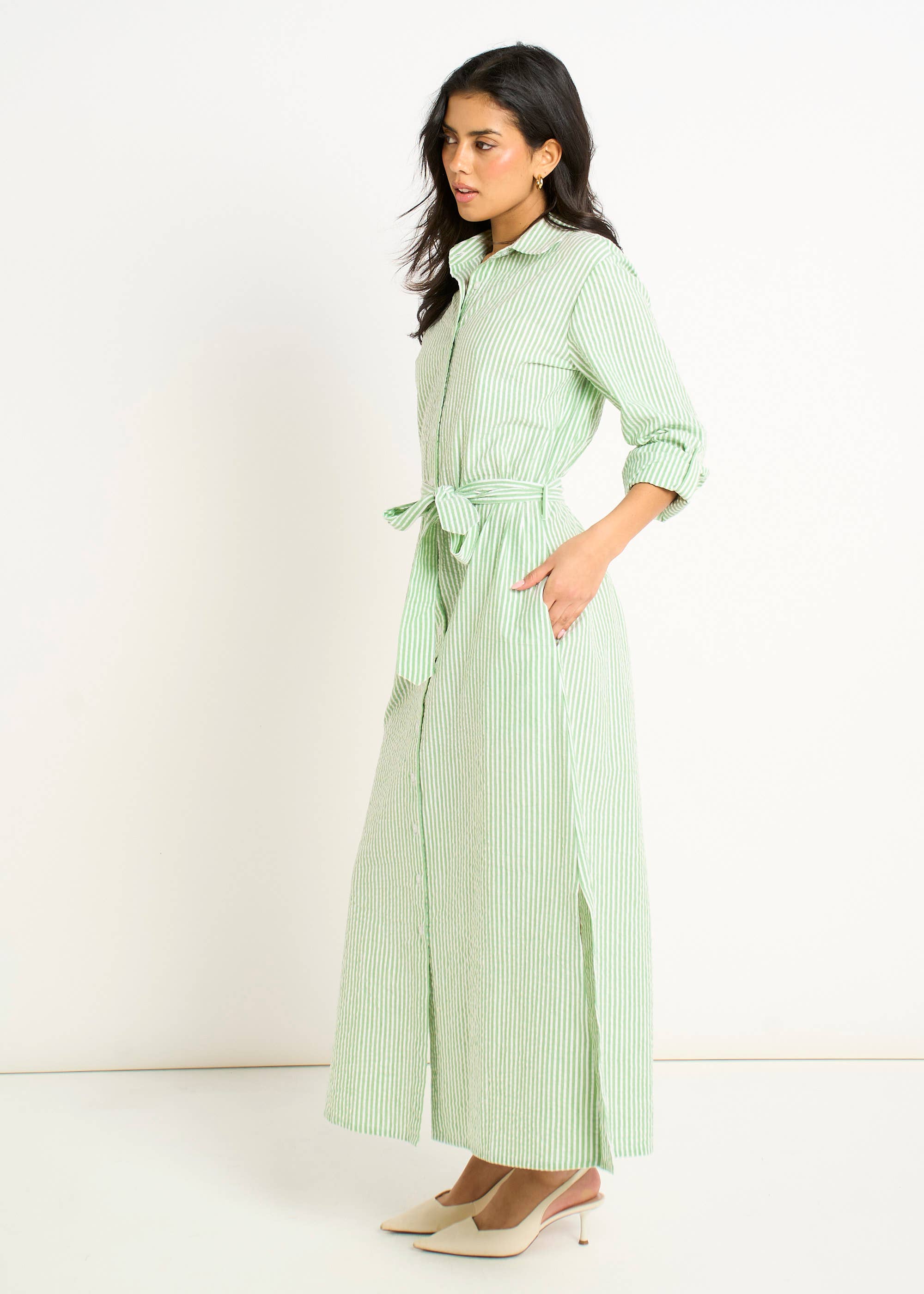 Green Long Sleeves Seersucker Stripe Shirt Dress – Gini London
